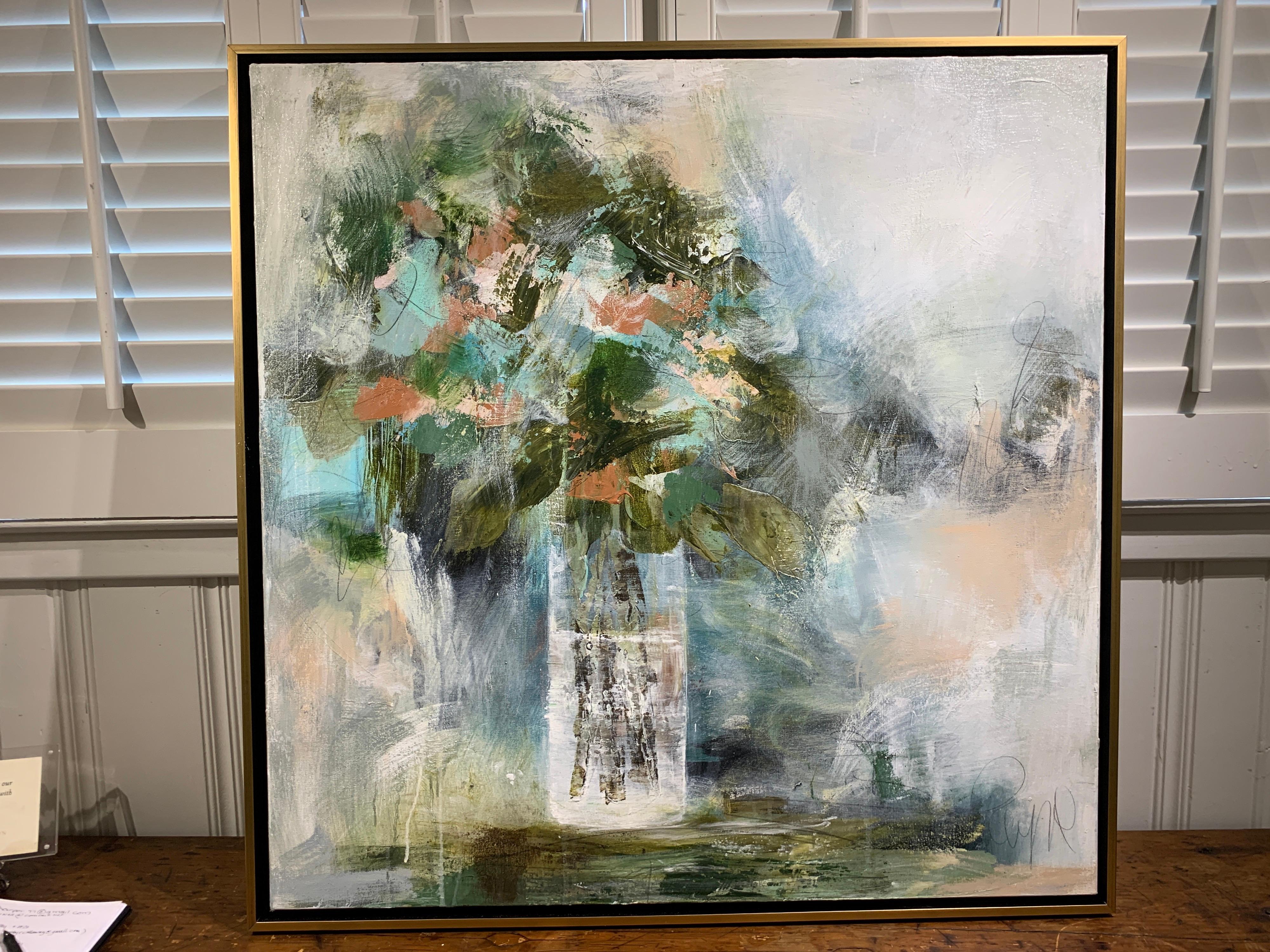 'My Love' is a medium size mixed media on canvas abstract floral painting of vertical format, created by American artist Melissa Payne Baker in 2021. Featuring a soft palette mostly made of blue, green, coral, and grey playing beautifully with the