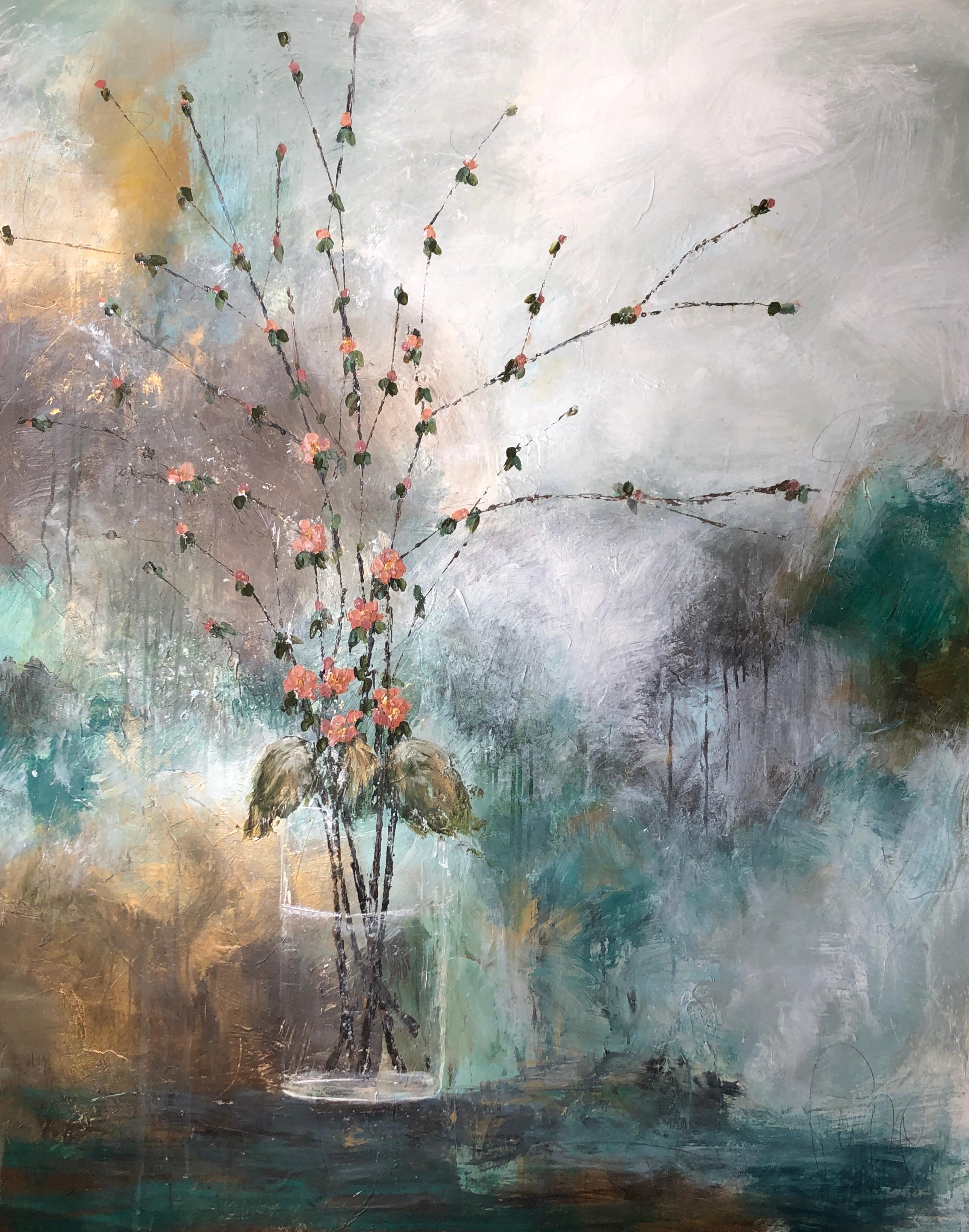 'Pink Quince' is a medium size mixed media on canvas abstract floral painting of vertical format, created by American artist Melissa Payne Baker in 2019. Featuring a soft palette mostly made of blue, green, pink, and grey playing beautifully with