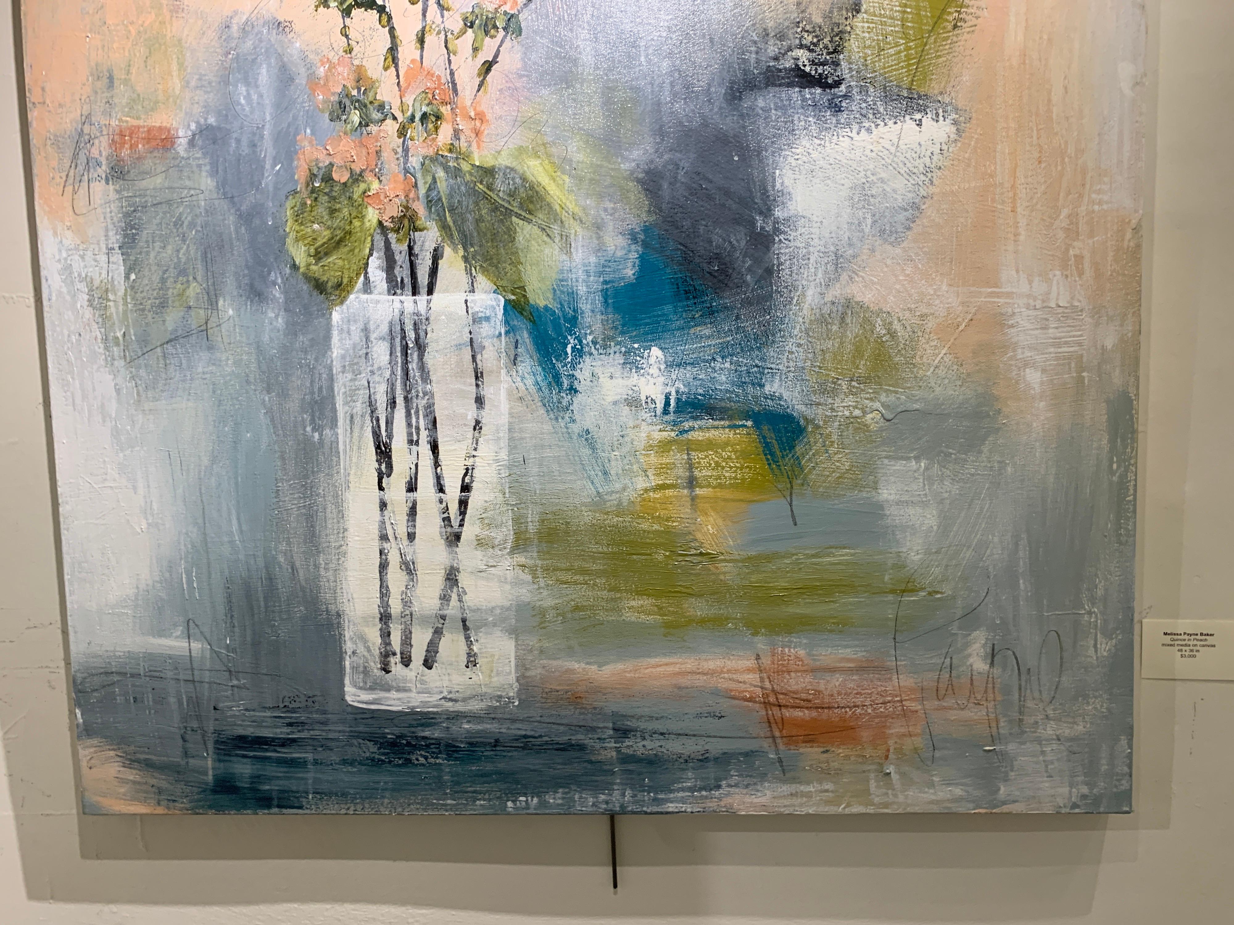 'Quince in Peach' is a medium size mixed media on canvas abstract floral painting of vertical format, created by American artist Melissa Payne Baker in 2021. Featuring a soft palette mostly made of blue, green, pink, and grey playing beautifully