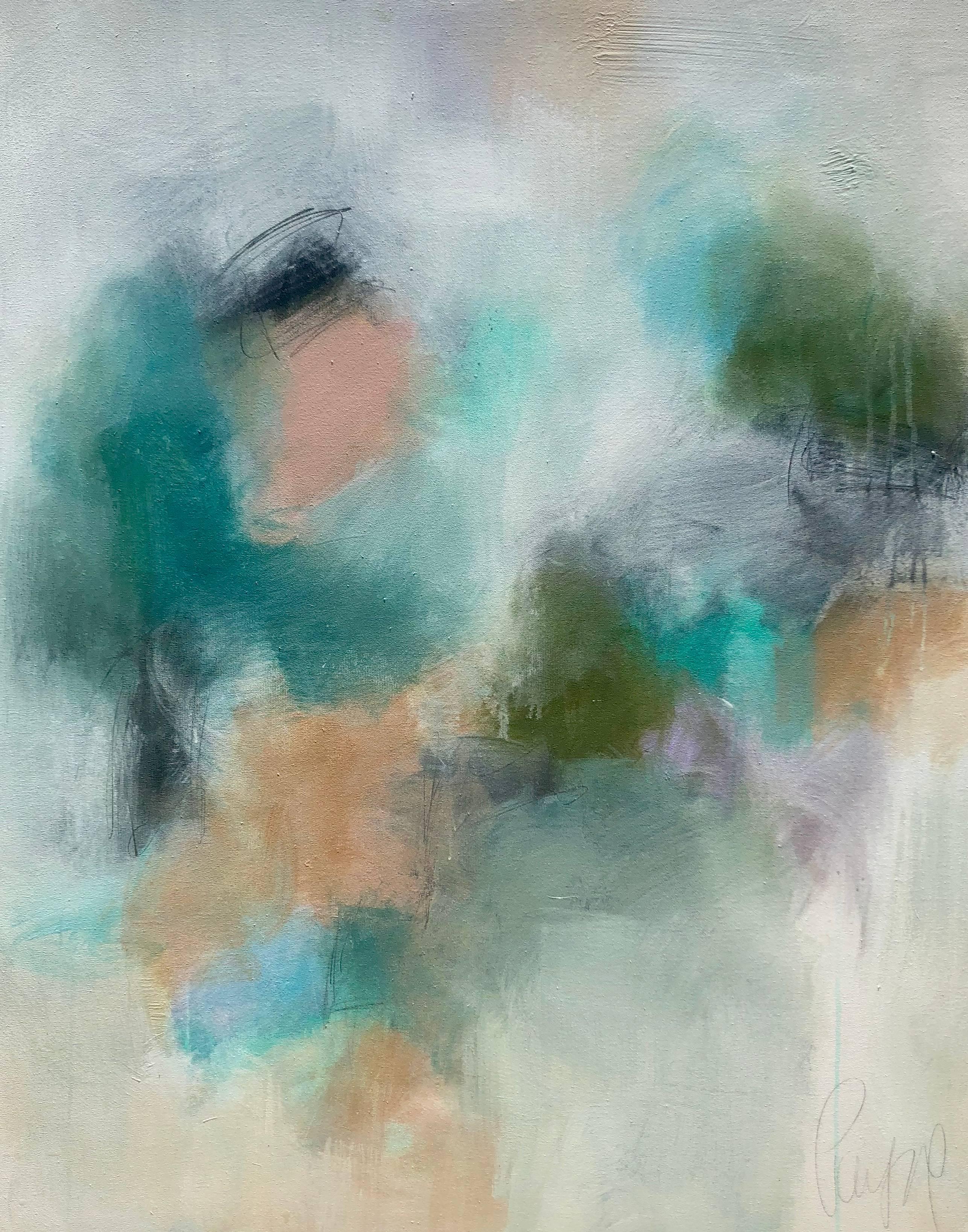 'Softening of Hearts' is a large abstract mixed media on canvas painting created by American artist Melissa Payne Baker in 2018. Painted in a vertical format, the piece features a soft palette mostly made of teal, green, orange and purple tones,