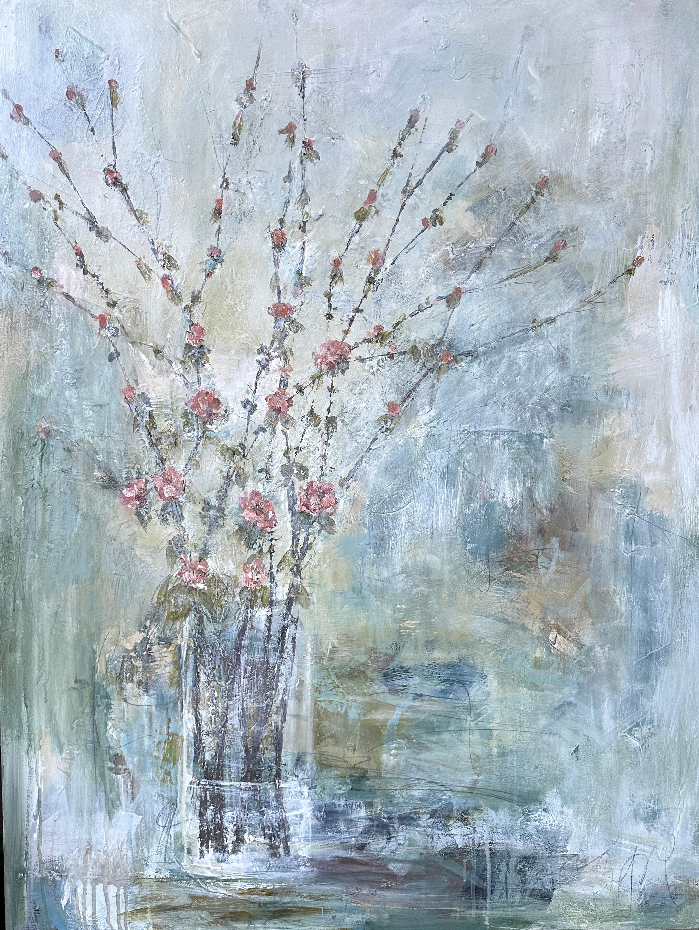 Membrillo de verano de Melissa Payne Baker es una ensoñación floral plasmada en técnica mixta sobre lienzo, de 48 x 36 pulgadas. Las suaves flores parecen surgir de capas de color y textura, como pétalos que se despliegan a la cálida luz del sol.