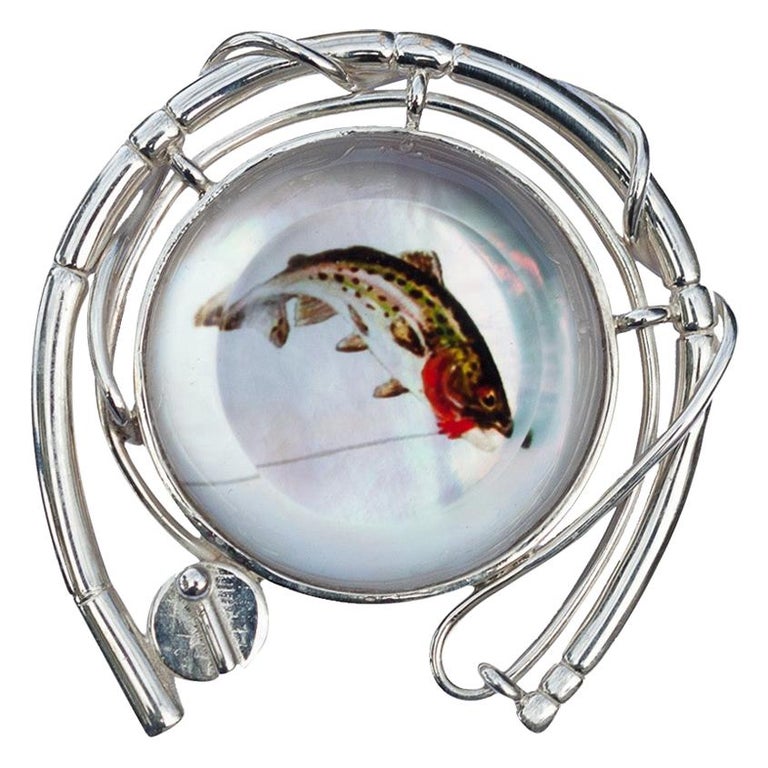 Melissa Spencer Fly Fishing Lapel Pin Sterling Silver MOP Rock Quartz  Crystal For Sale at 1stDibs