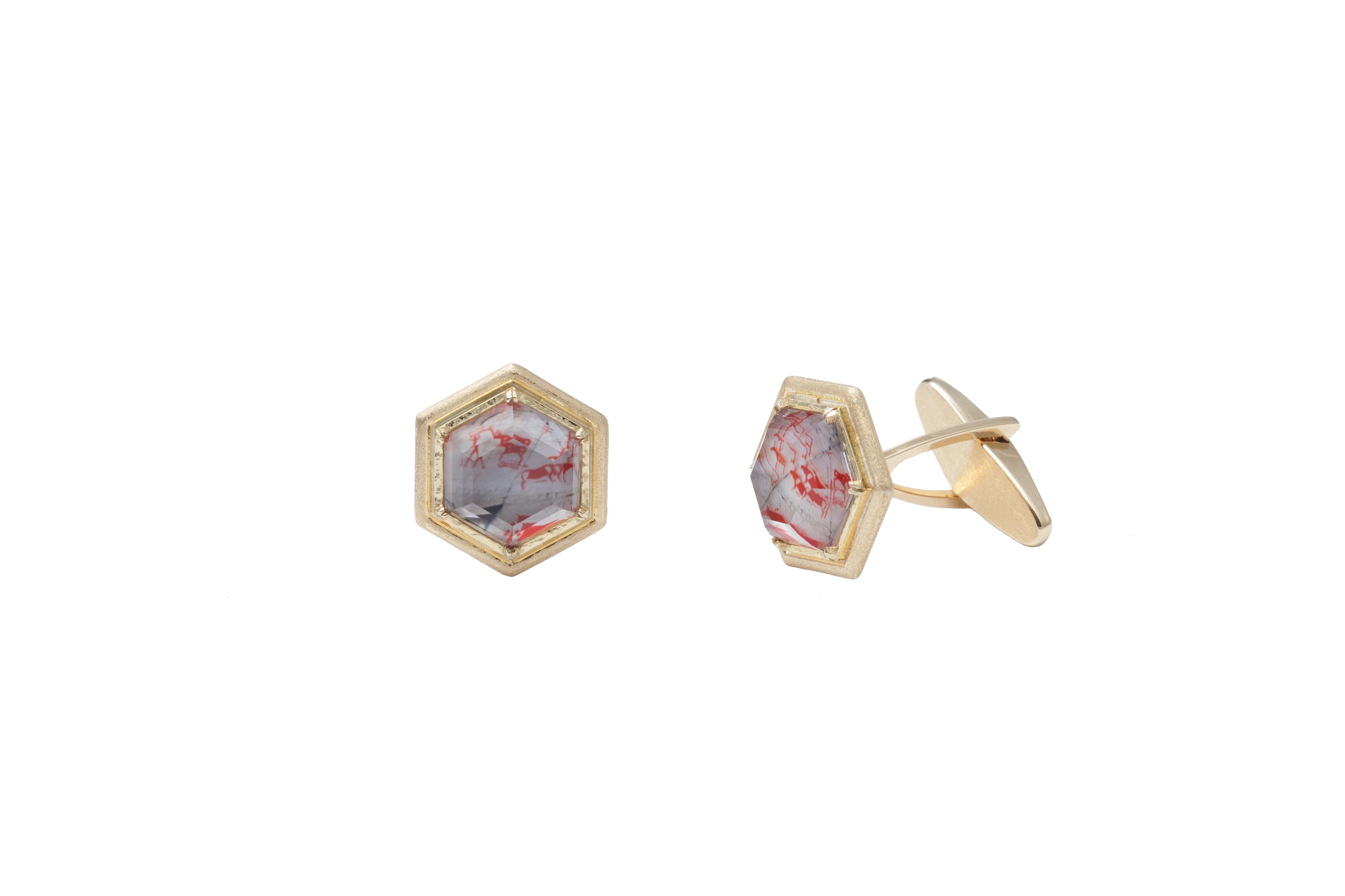 From Award Winning Acclaimed Designer Melissa Spencer.  One of a kind Portrait Cufflinks within Rock Crystal Quartz and Mother of Pearl in 18K Yellow Gold.  The portrait is of cave paintings and is fashioned through a proprietary process of