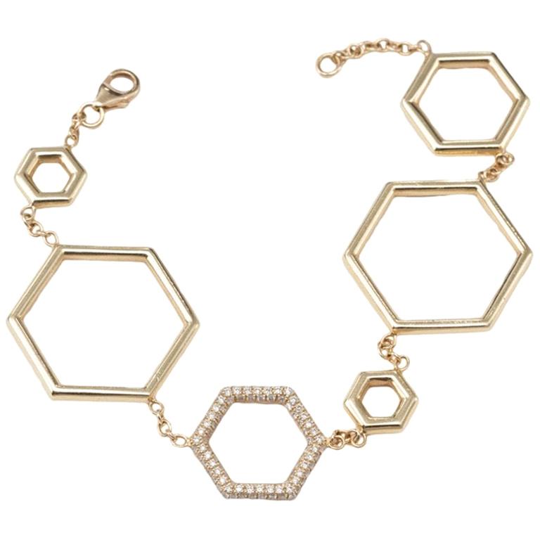 Melissa Spencer Yellow Gold and Diamond Honeycomb Hexagon Bracelet For Sale