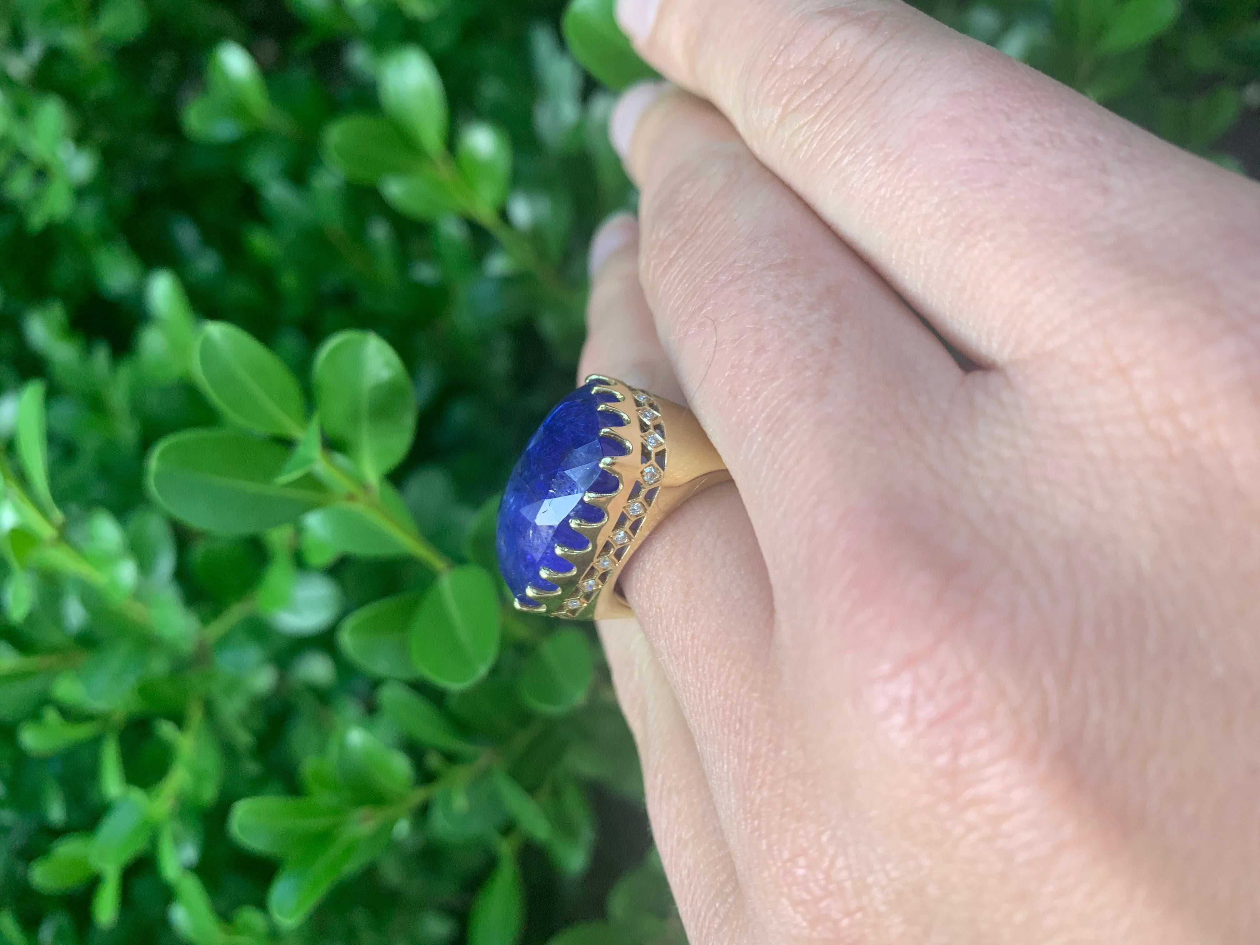 Tanzanite Ring from Melissa Spencer with Diamonds.  Elongated Rectangle Rose Cut Tanzanite set in 18K Yellow Gold Crown Setting with White Diamonds and Engravable Shoulders. Stamped Spencer and 18K.