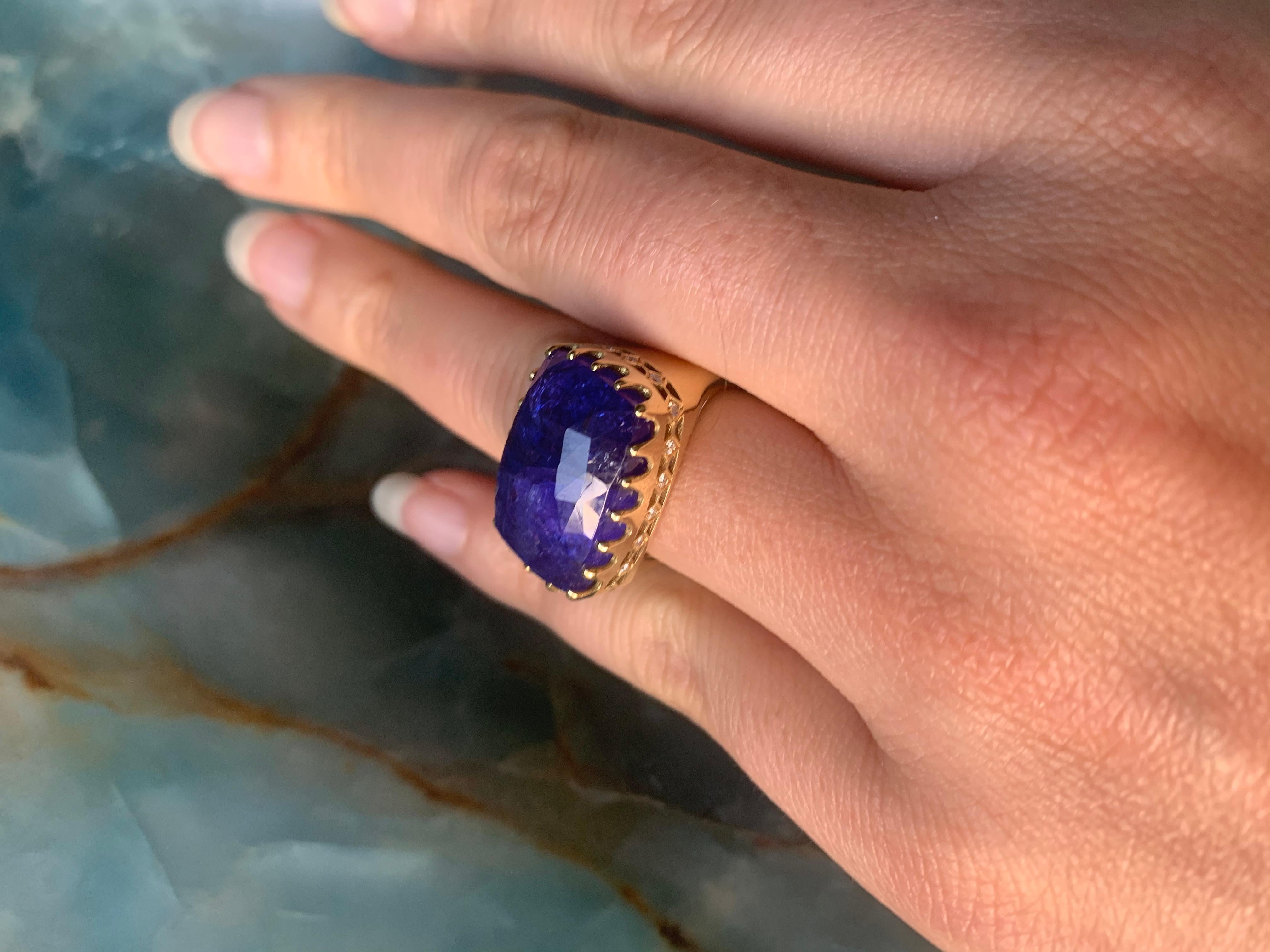 Square Cut Melissa Spencer Yellow Gold Tanzanite and Diamond Ring