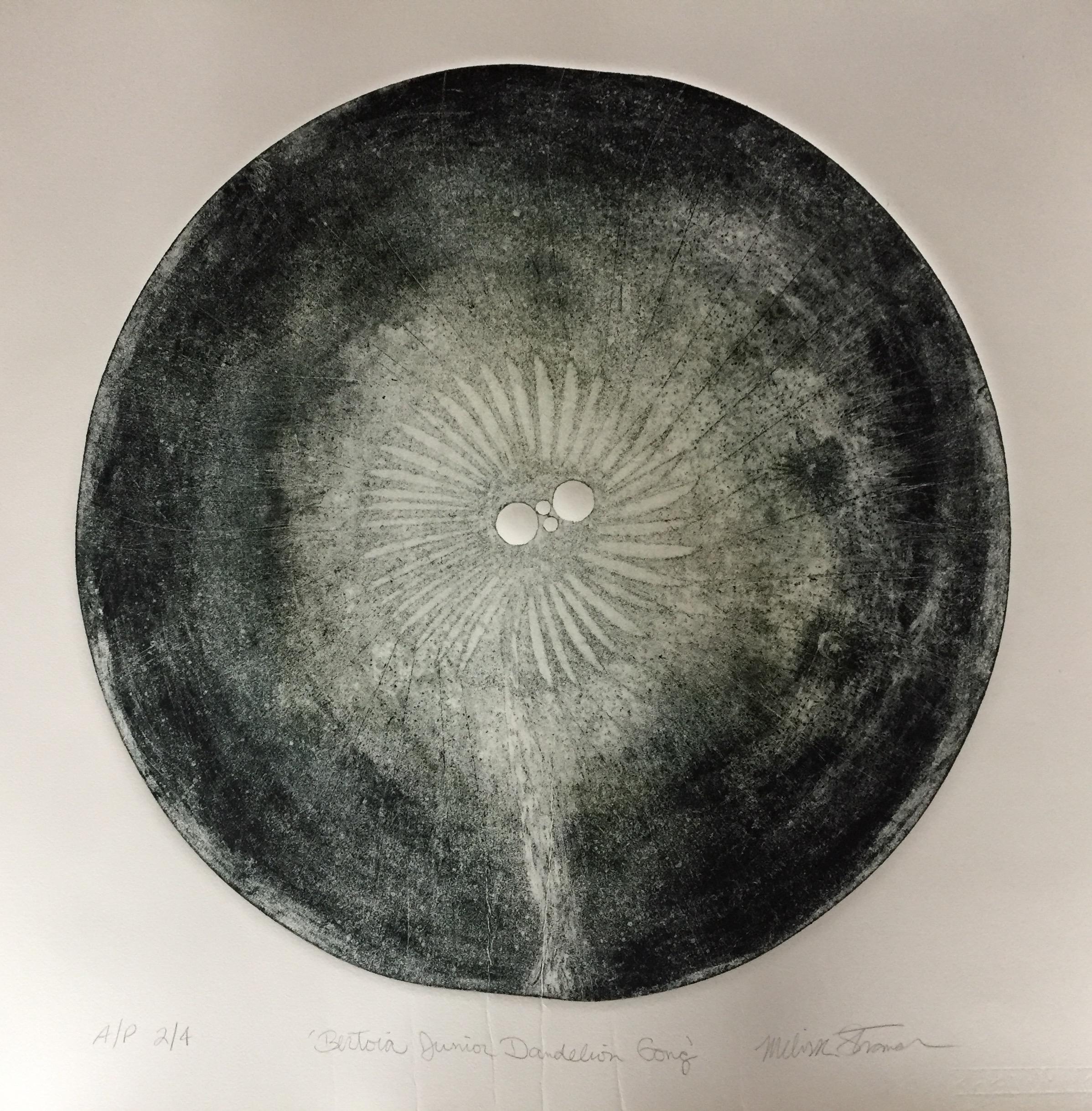 Contemporary artist Melissa Strawser’s Bertoia Junior Dandelion Gong Print is a pulled Artist Proof, an original intaglio print using aquatint printed onto Hahnemuhle paper with colored inks from a single bronze plate that just happens to be a