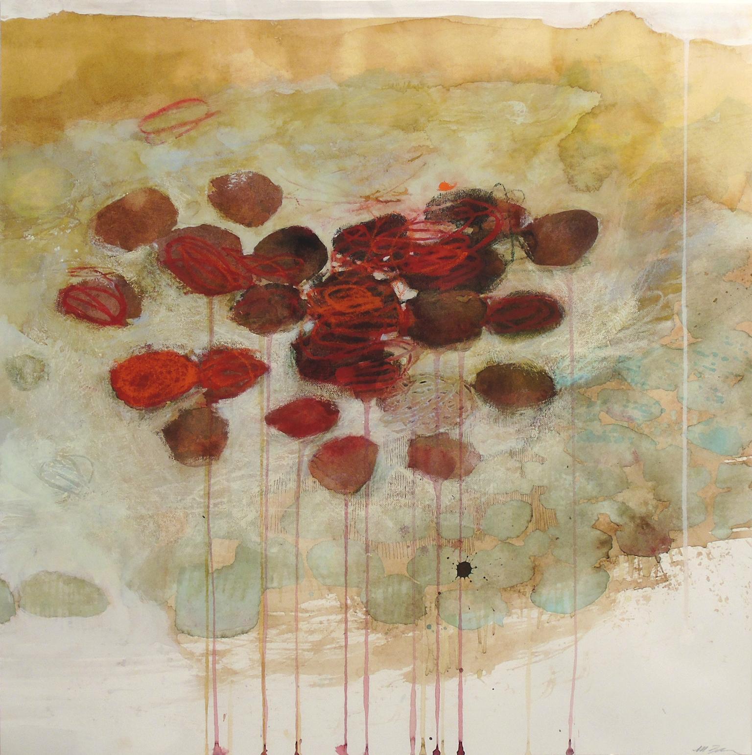 "Bonded by Florid Suspense", by Melissa Zarem, is an abstract work on paper in a gray wood frame. Red and brown ovals softly drip against a background of aqua and tan washes. Zarem used ink, watercolor, gouache and crayon to create this unique work