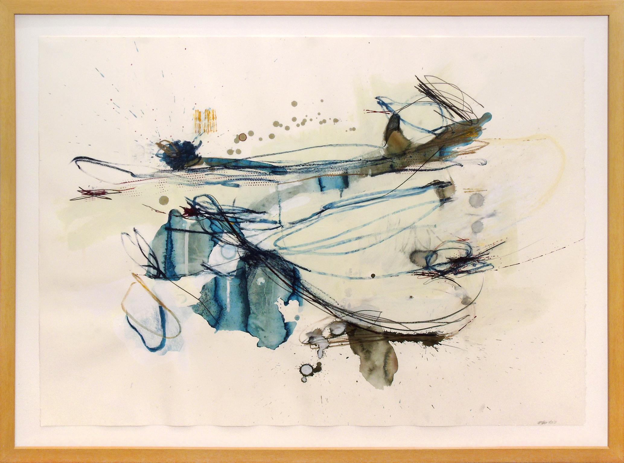 "Low Growing Fruit", a one of a kind abstract work on paper by Melissa Zarem, combines a variety of marks, washes and drips. It is dominated by teal, black and white space. As is characteristic in Zarem's work, several drawing and painting