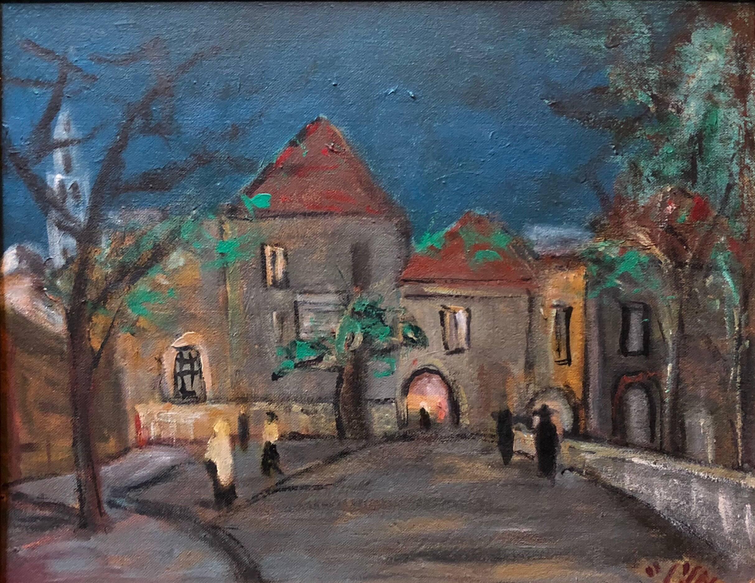 Fauvist Israeli Landscape, Going to Synagogue Judaica Oil Painting