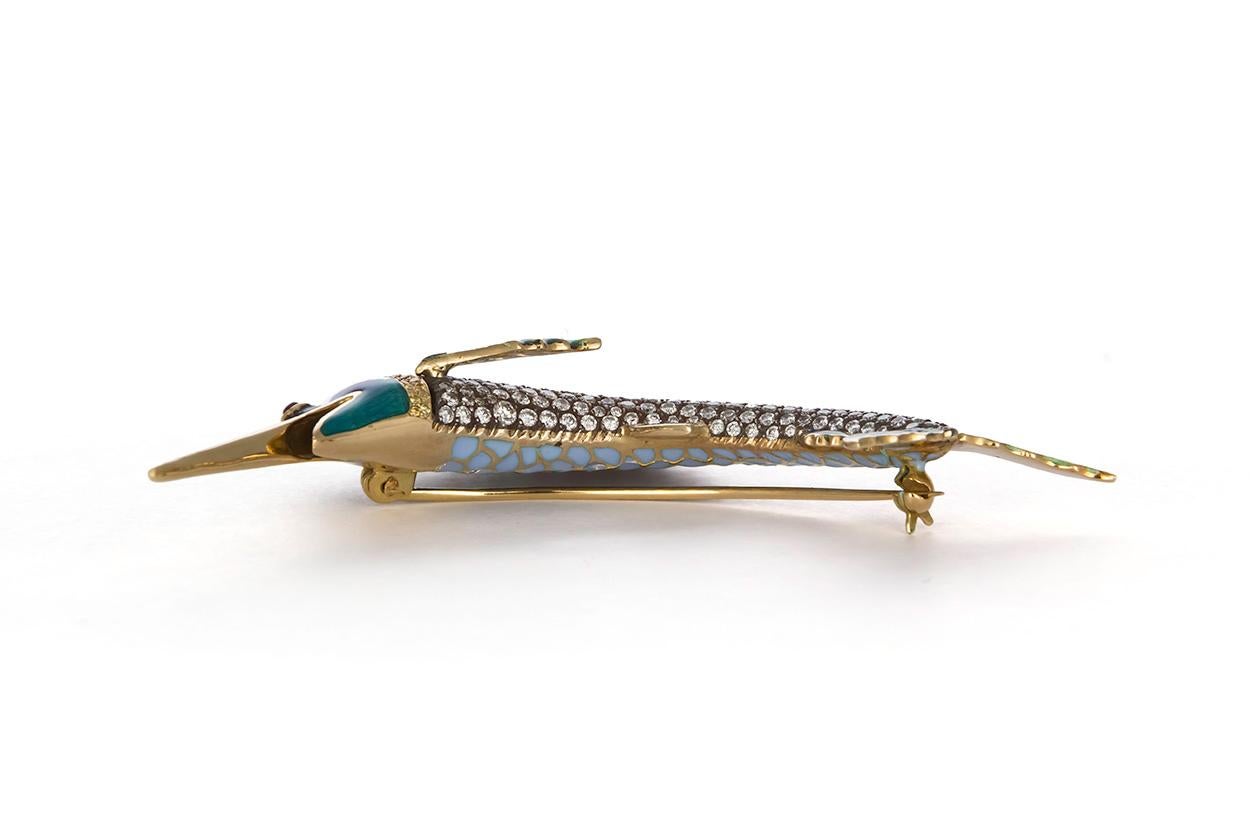 Melkon Design 18 Karat Yellow Gold, Silver and Diamond Sailfish Brooch Pin 1