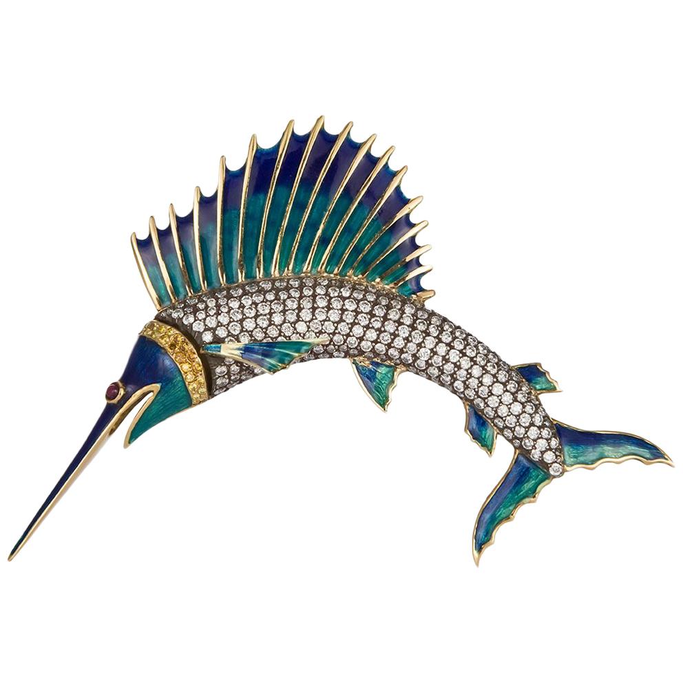 Melkon Design 18 Karat Yellow Gold, Silver and Diamond Sailfish Brooch Pin