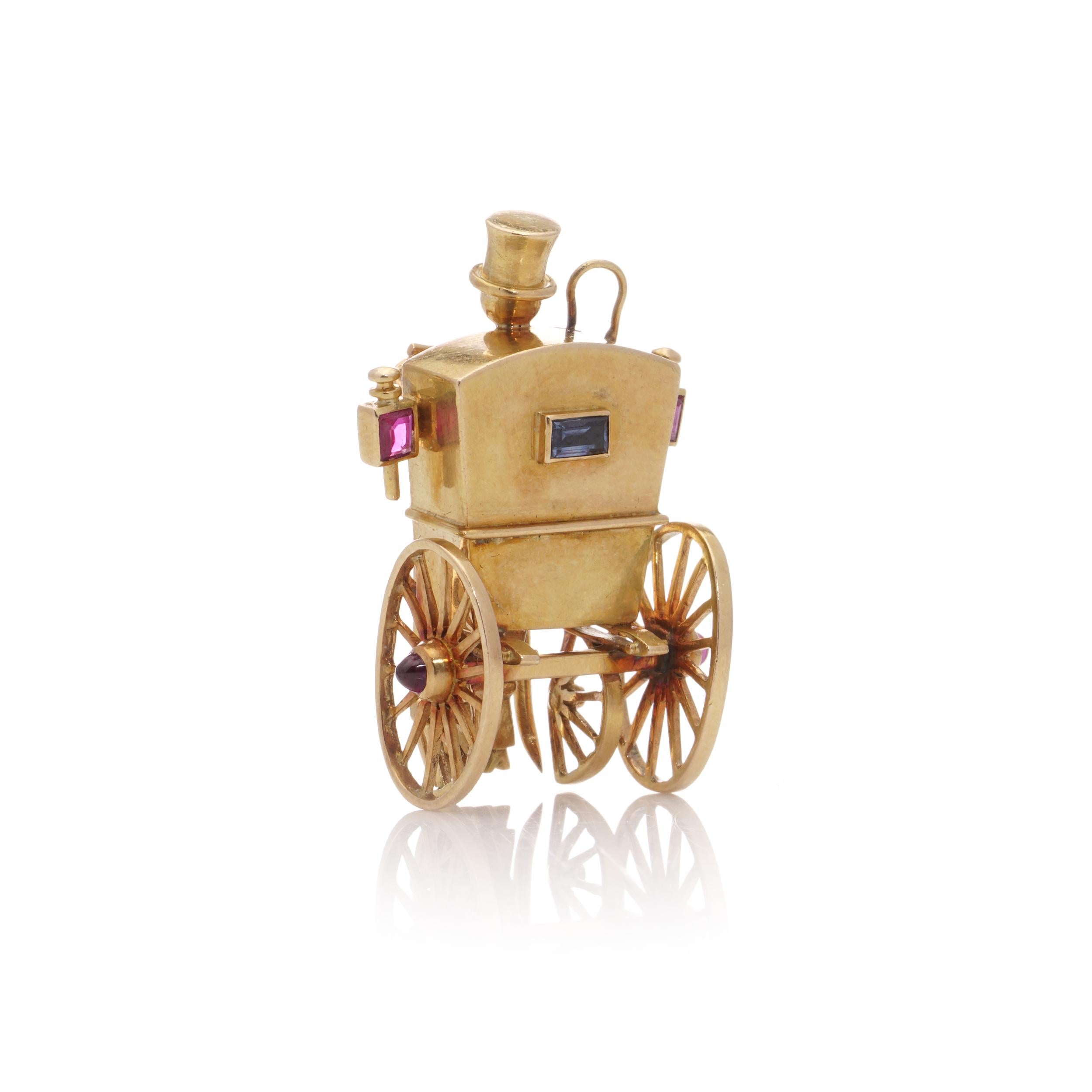 Mellerio 18kt yellow gold Sapphire and ruby carriage brooch In Good Condition For Sale In Braintree, GB