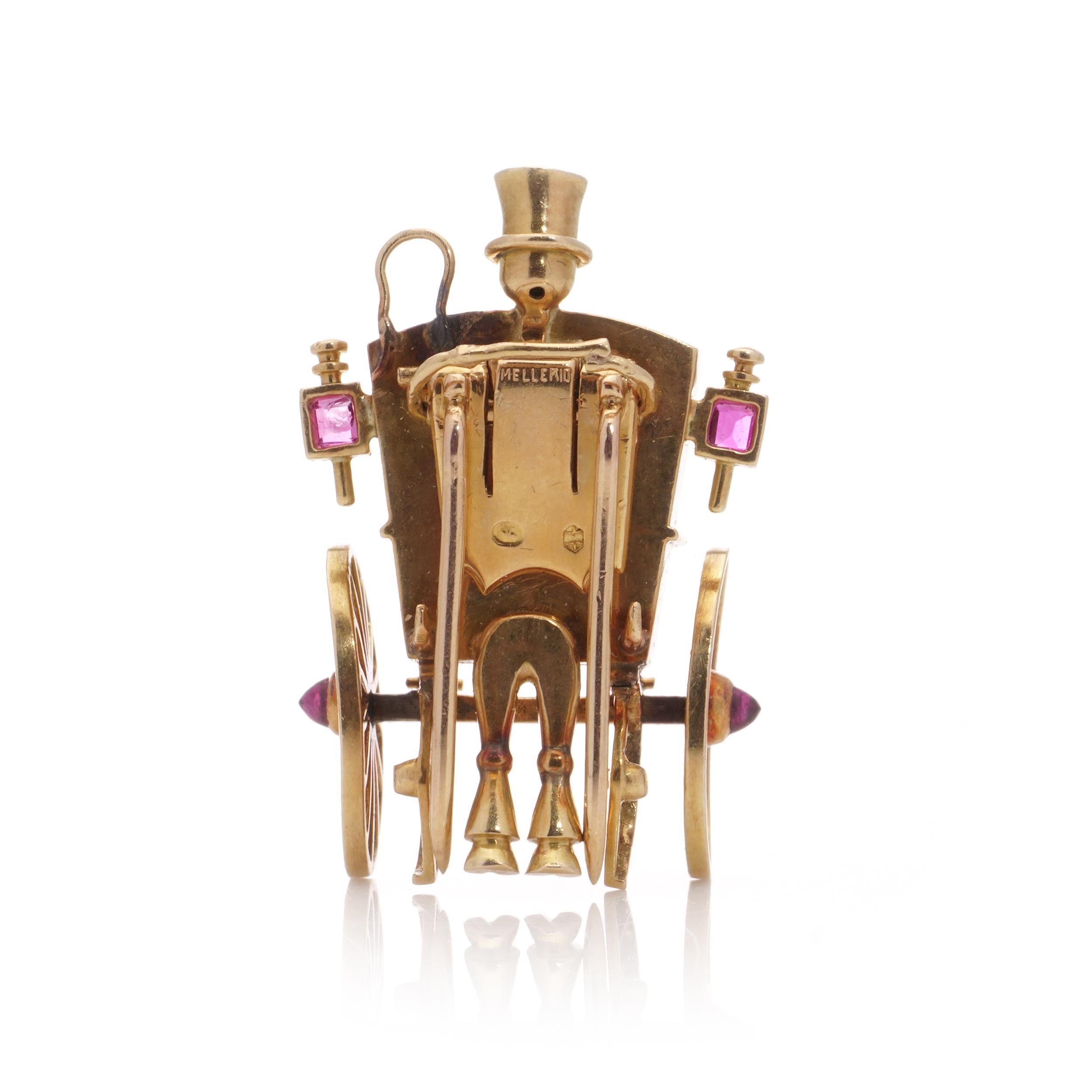 Mellerio 18kt yellow gold Sapphire and ruby carriage brooch For Sale 1