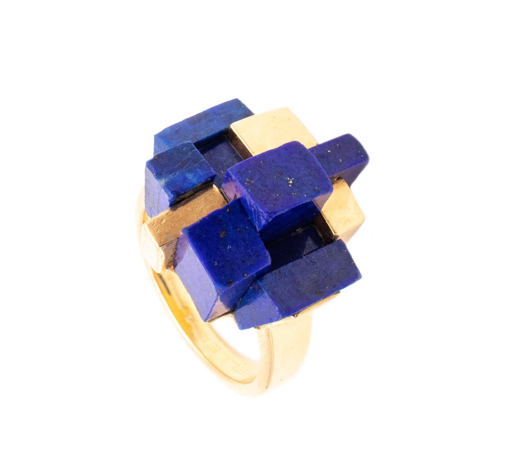 A very rare ring designed by Mellerio-Dits Meller.

Geometric sculptural piece, created in Paris France around the 60's and 70's. It was crafted by the renowned jewelry house of Mellerio in solid yellow gold of 18 karats

The design was conceived,