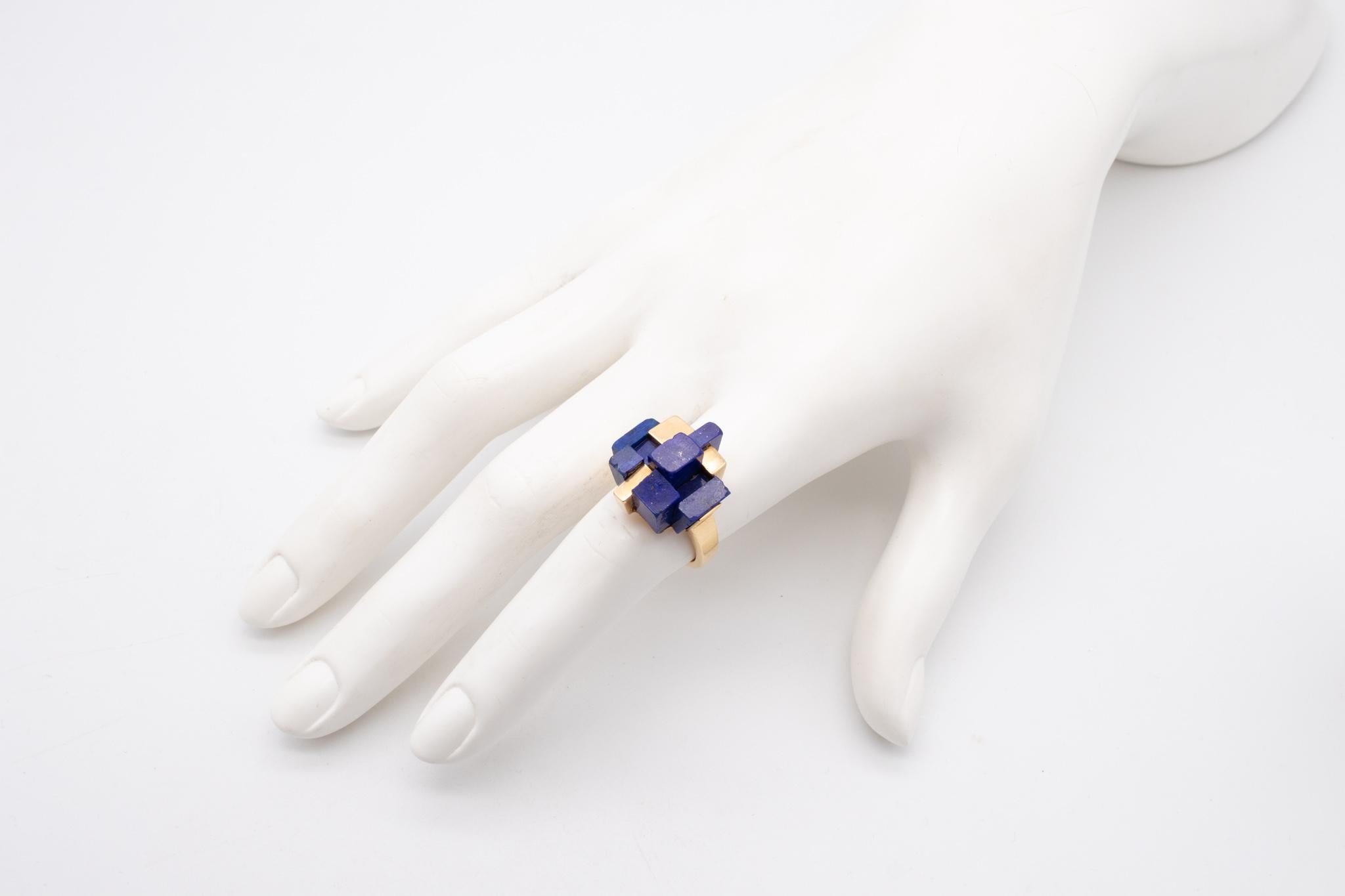 Mixed Cut Mellerio 1970 Paris Rare Geometric 18Kt Yellow Gold Ring With Carved Lapis Lazul