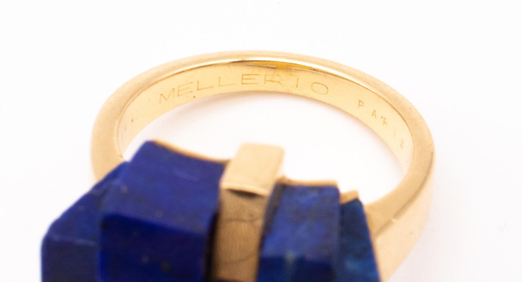 Women's Mellerio 1970 Paris Rare Geometric 18Kt Yellow Gold Ring With Carved Lapis Lazul