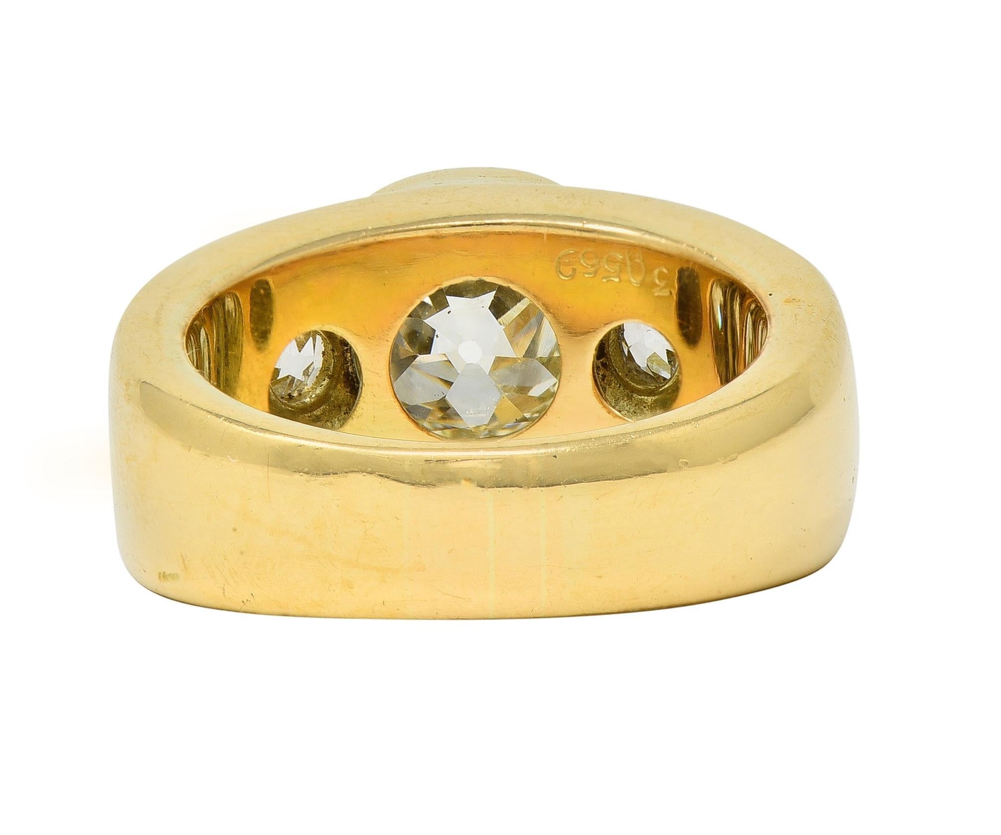 Women's or Men's Mellerio 2.95 CTW Old Mine Cut Diamond 18 Karat Yellow Gold Three Stone Ring For Sale
