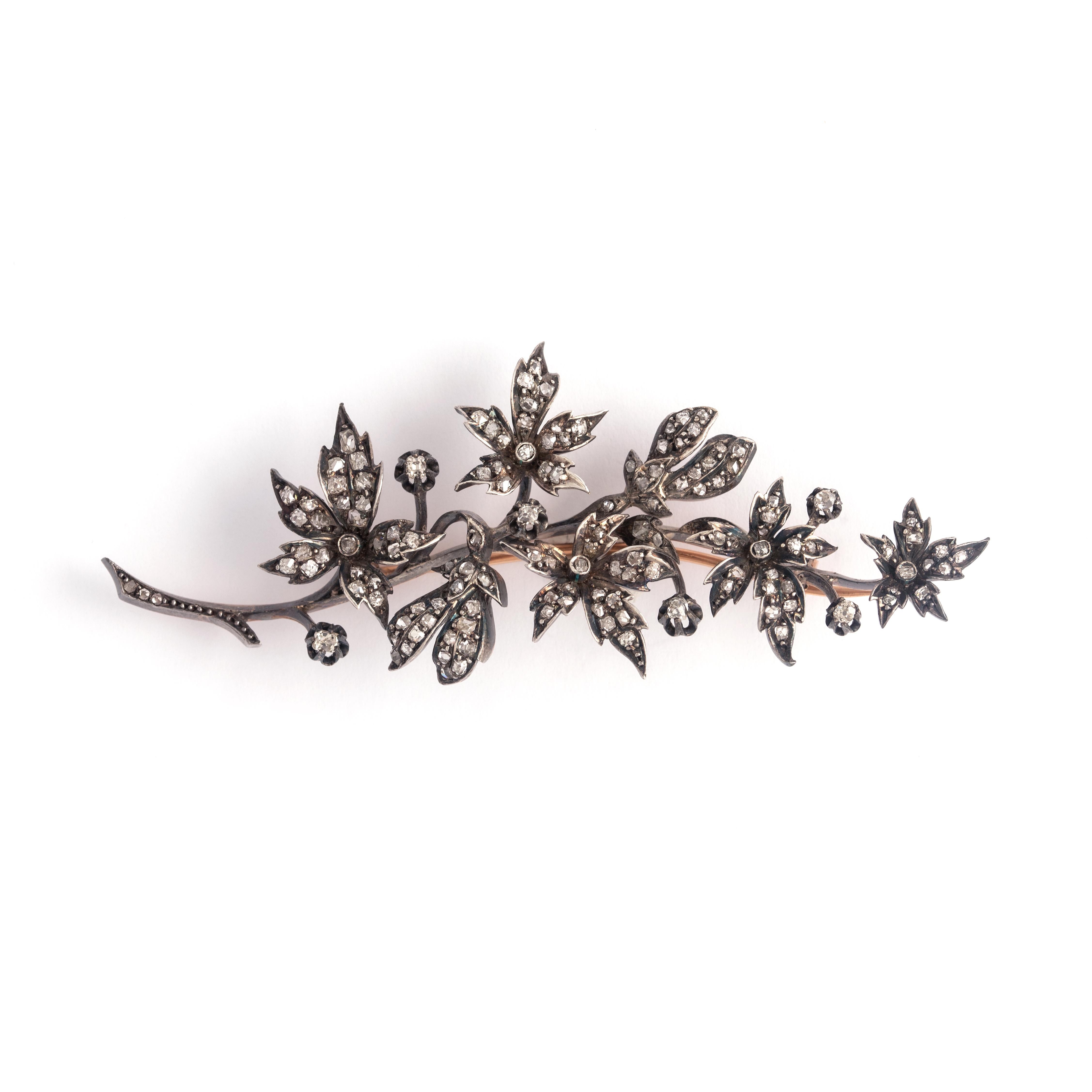 Mellerio Borgnis French Antique Diamond Silver Gold Flower Brooch 19th Century For Sale 2