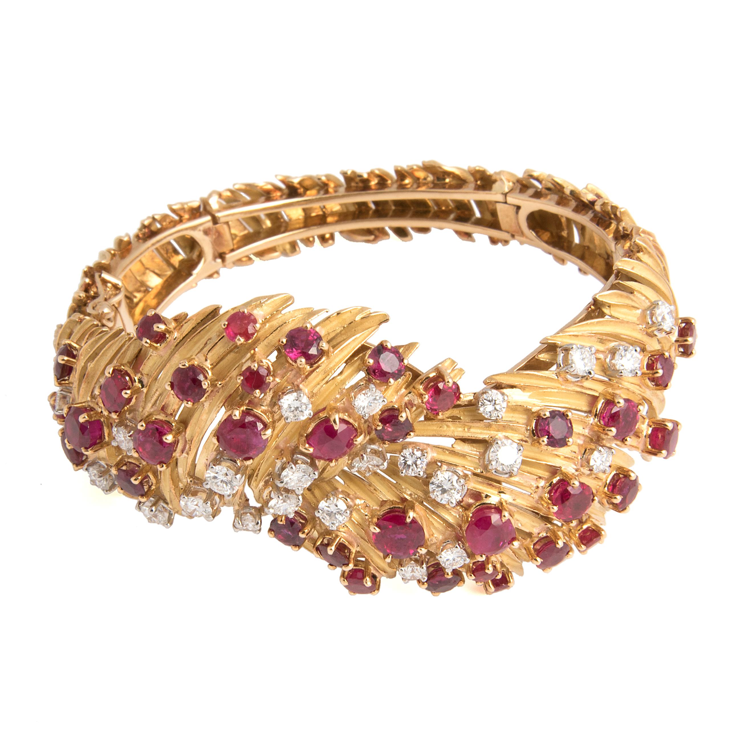 Women's Mellerio Diamond and Ruby Ring Earrings Brooch Bracelet and Necklace Parure