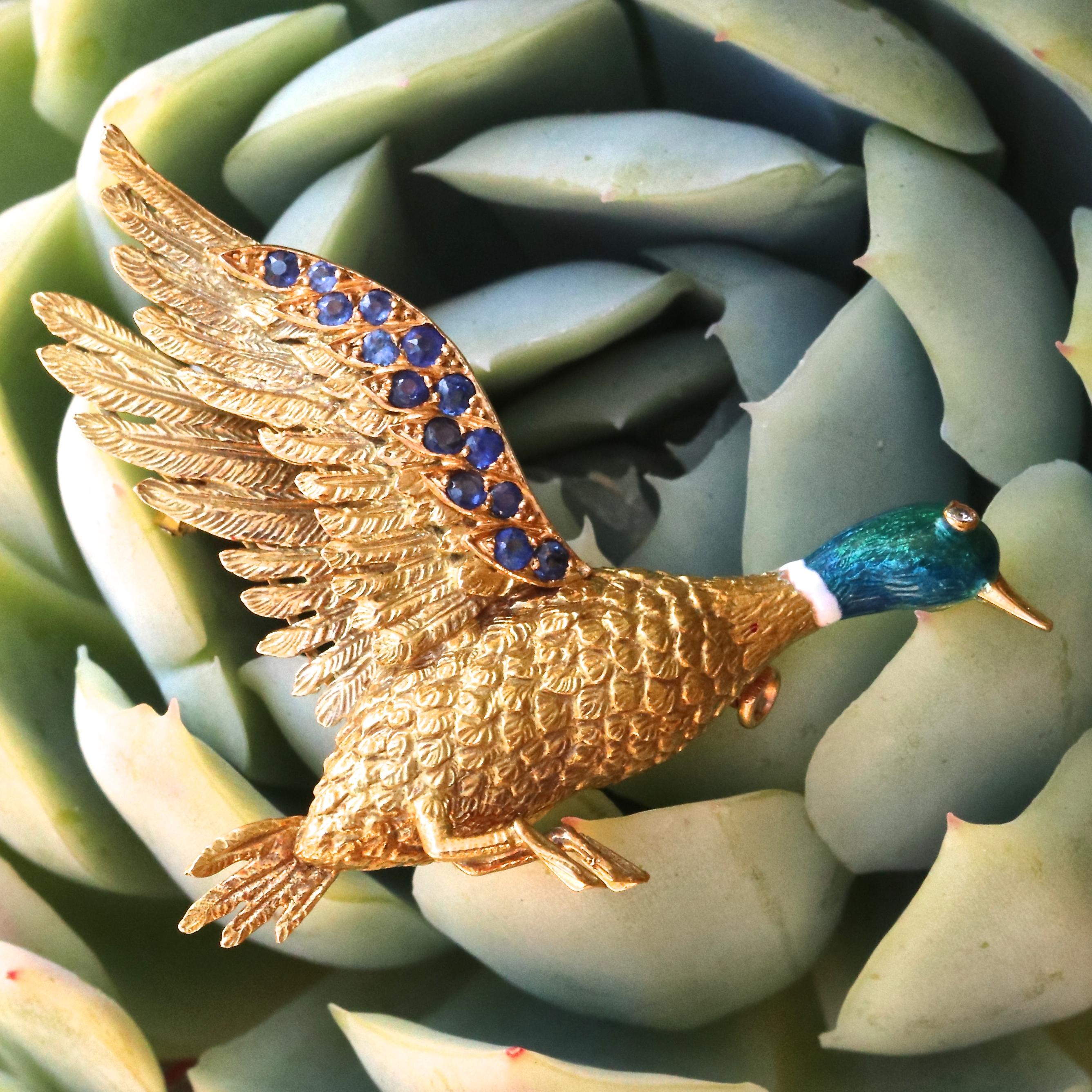 Women's or Men's Mellerio Diamond Sapphire Enamel Gold Duck Brooch