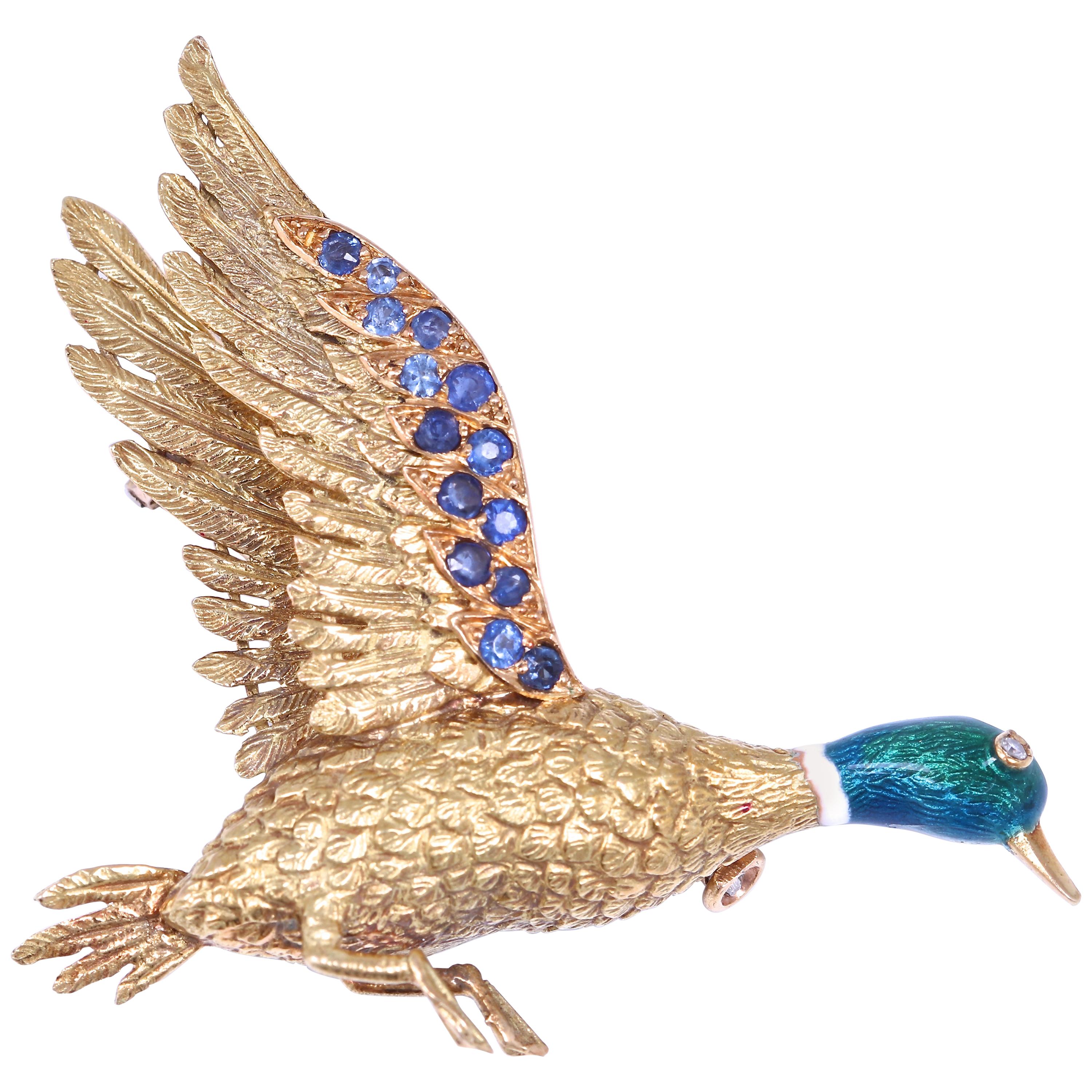 Mellerio Diamond Sapphire Enamel Gold Duck Brooch