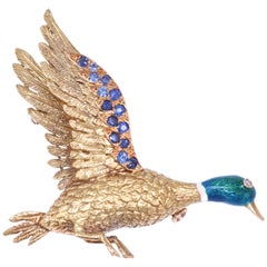 Mellerio Diamond Sapphire Enamel Gold Duck Brooch