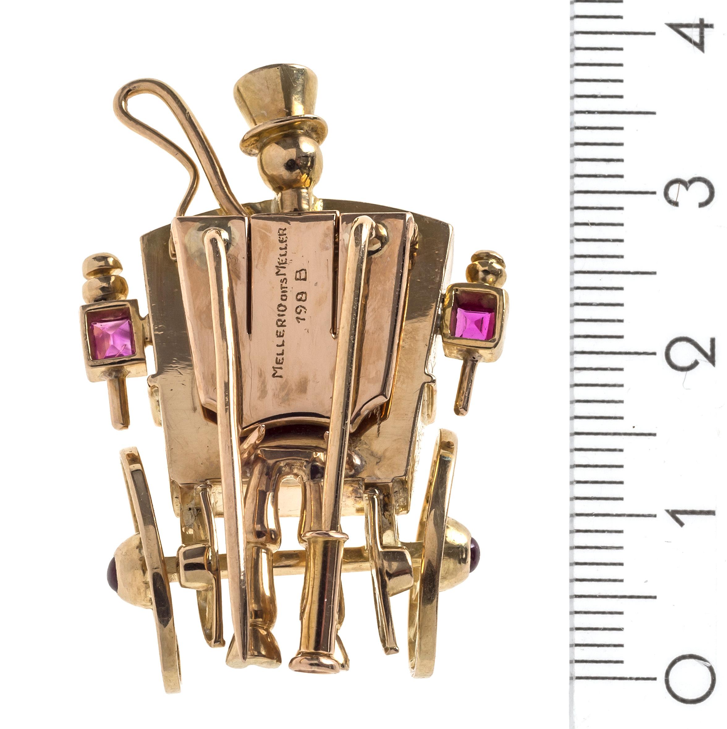 Retro 18 Karat Gold Mellerio Dits Meller 1940's  Wedding Carriage Ruby Sapphire Clip For Sale