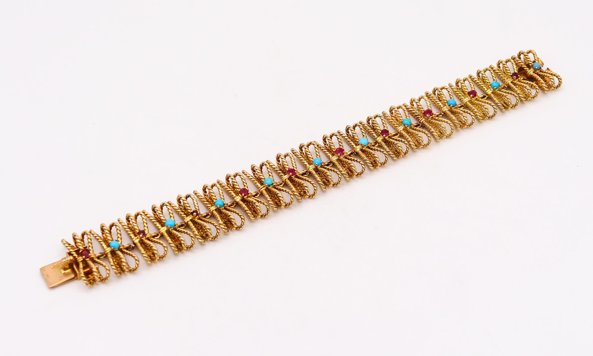 Bracelet designed by Mellerio-Dits Meller.

Beautiful colorful bracelet, created in Paris France during the postwar period back in the late 1950 by the renowned jewelry house of Mellerio. This flexible bracelet has been made up, with intrica twisted