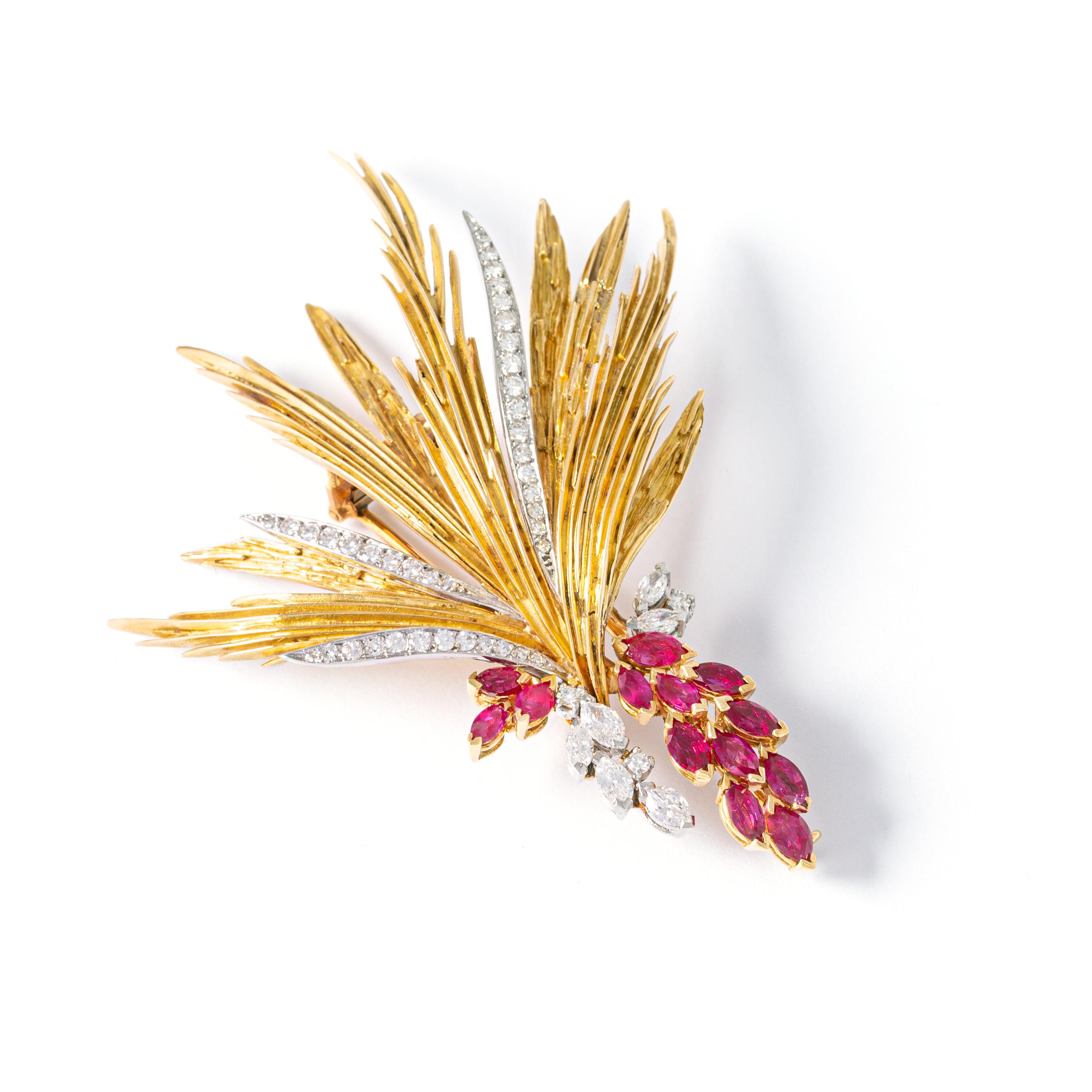 Marquise Cut Mellerio Dits Meller Diamond Ruby Yellow Brooch 18k Brooch, 1960s For Sale