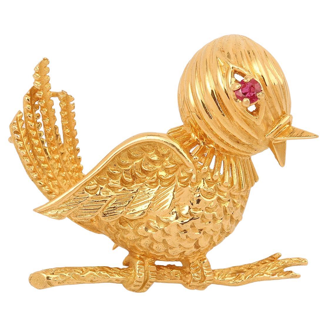 Mellerio Dits Meller Ruby 18 Carat Yellow Gold Chick Brooch For Sale