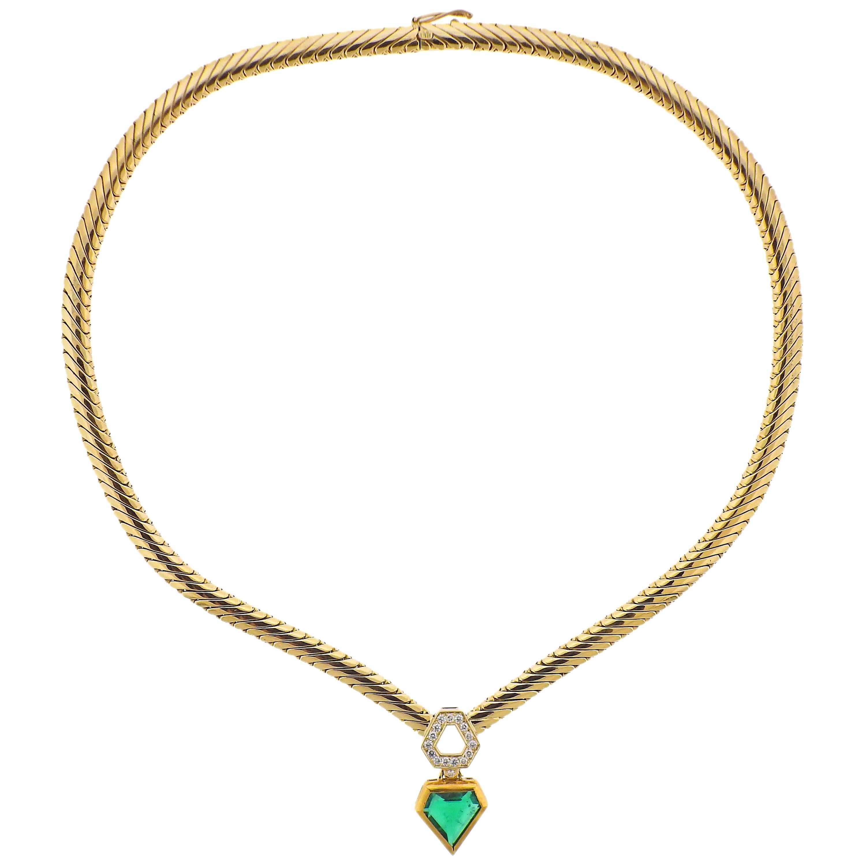 Mellerio Emerald Diamond Gold Pendant Necklace For Sale