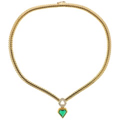 Vintage Mellerio Emerald Diamond Gold Pendant Necklace