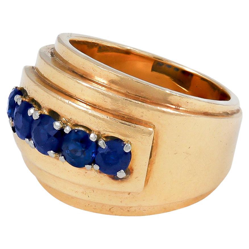 Mellerio French Retro Gold Sapphire Wide Band Ring For Sale