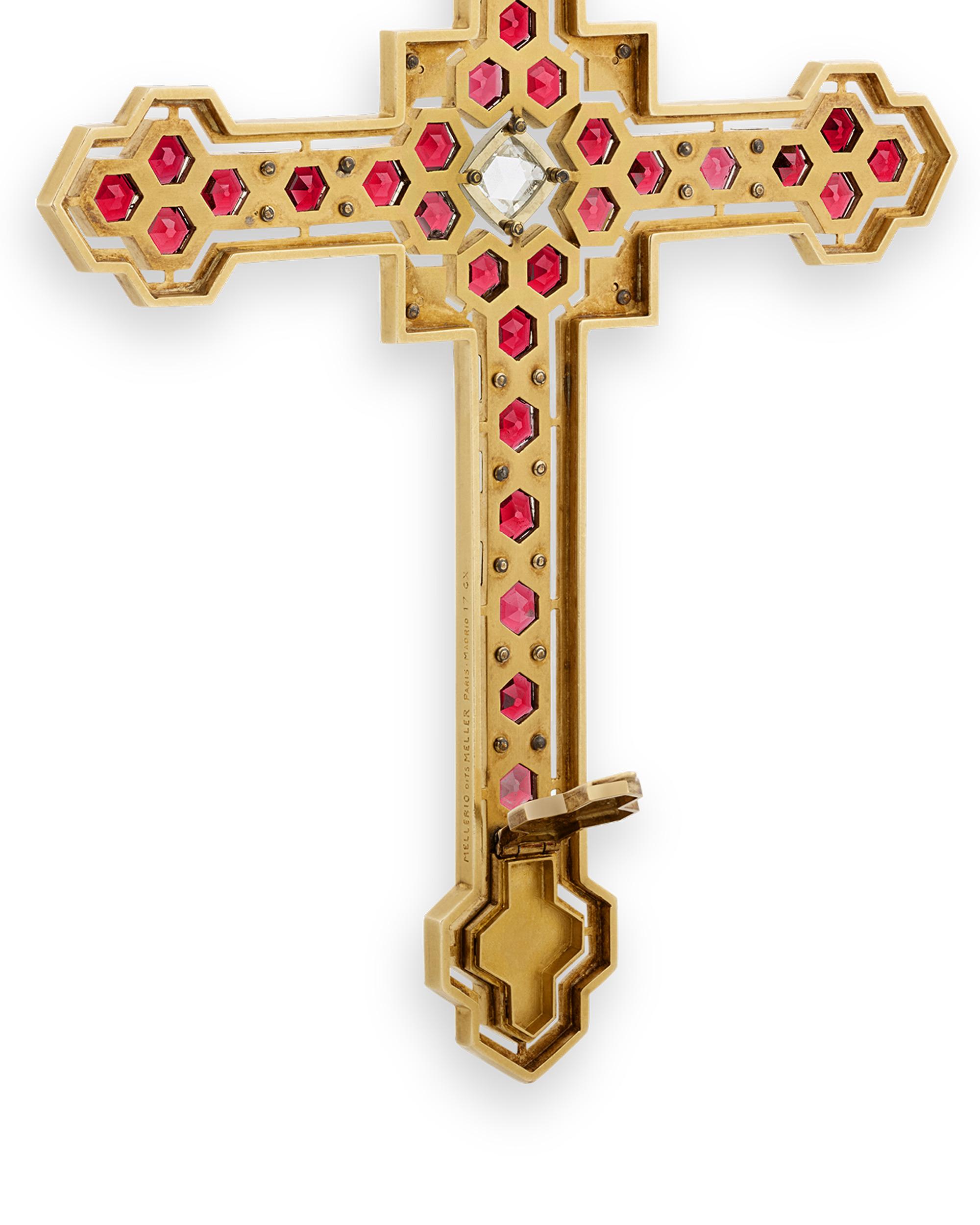 Mellerio - Pendentif croix en grenat, diamant et or Unisexe en vente