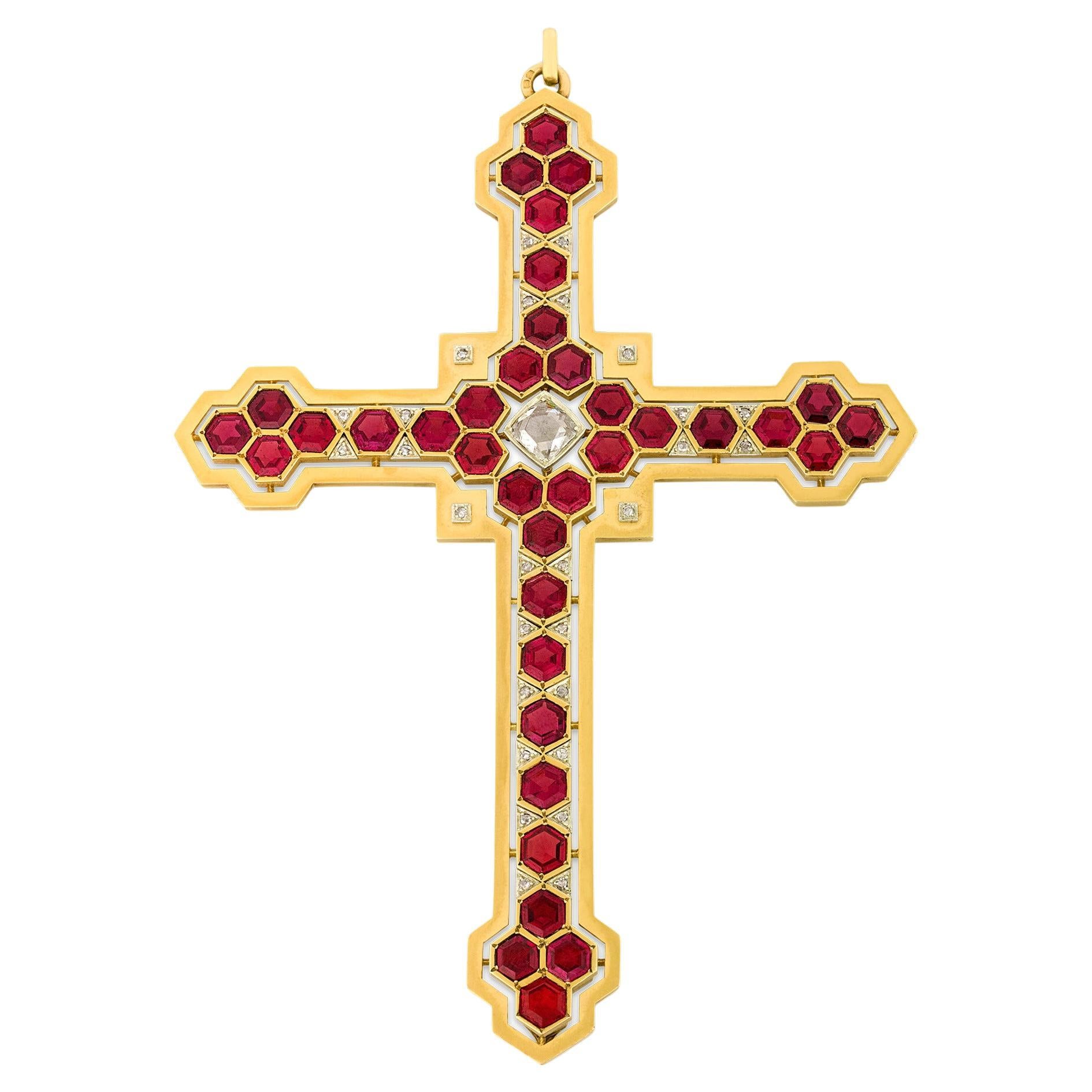 Mellerio Garnet, Diamond and Gold Cross Pendant