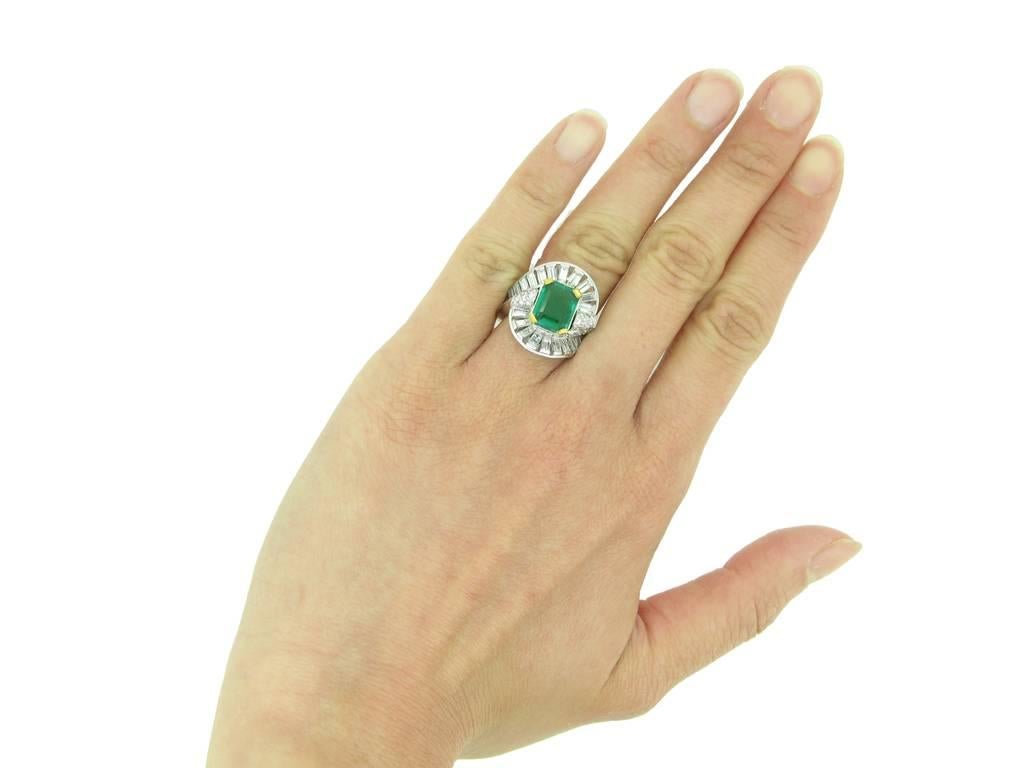 Emerald Cut Mellerio Natural Unenhanced Muzo Emerald Diamond Ring, circa 1960 For Sale