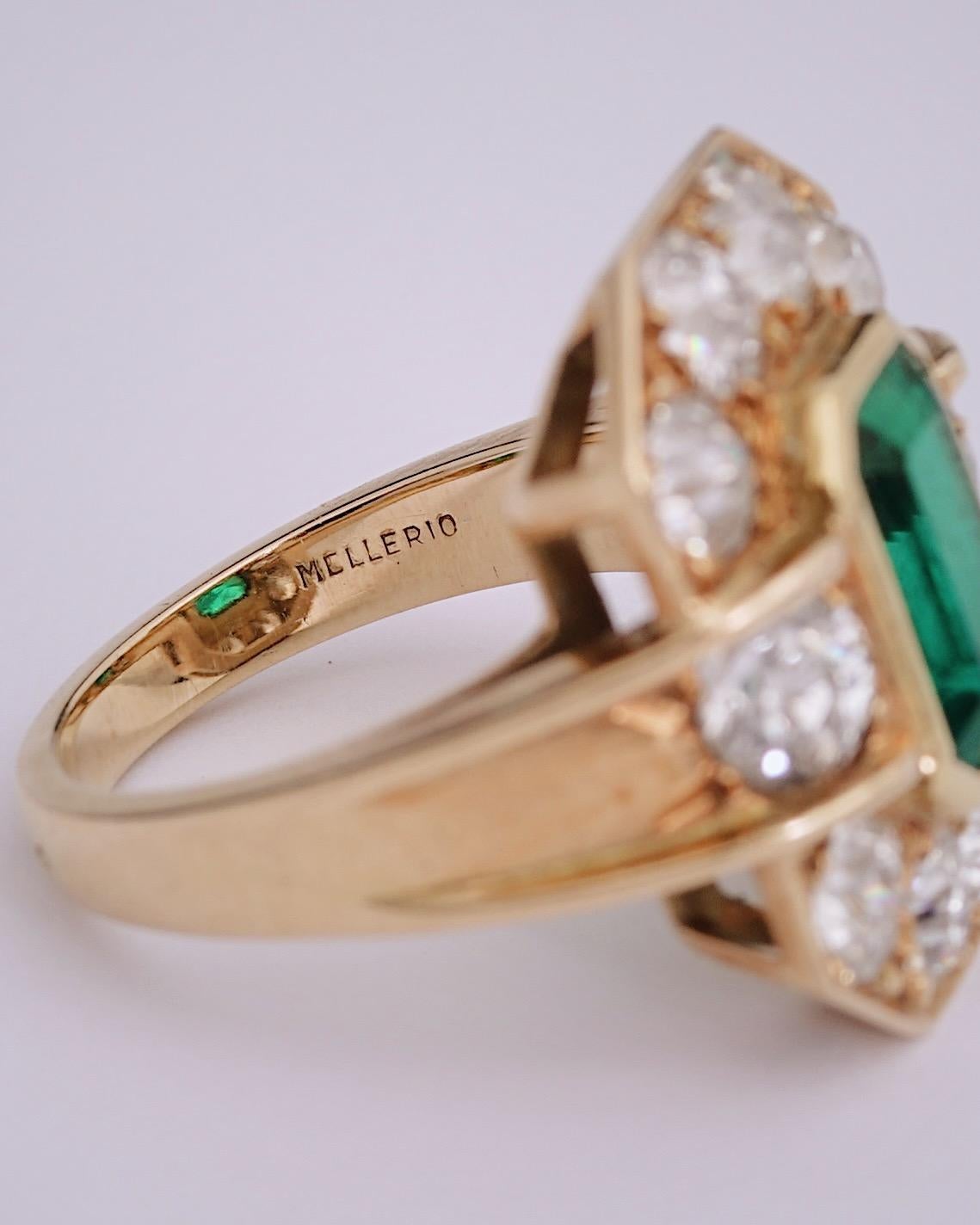 Emerald Cut Mellerio Paris, 2.50cts Colombian Emerald & Old Mine Diamond Ring, C.1940 For Sale
