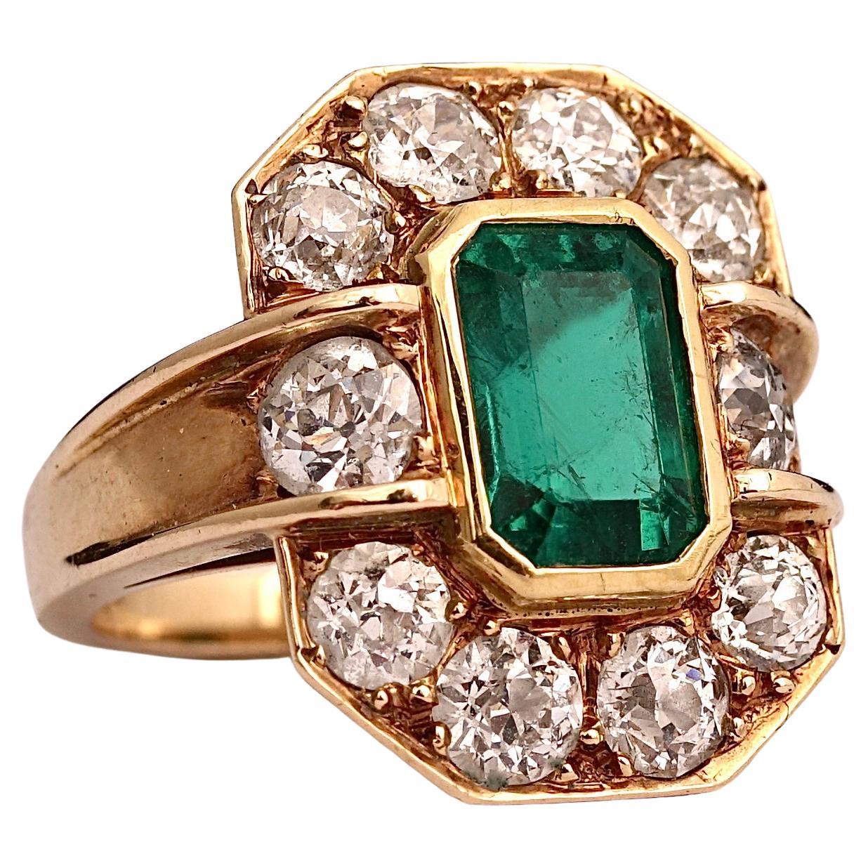Mellerio Paris, 2.50cts Colombian Emerald & Old Mine Diamond Ring, C.1940 For Sale
