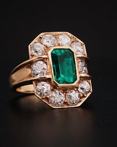 Mellerio Paris, 2.50cts Colombian Emerald & Old Mine Diamond Ring, C.1940
