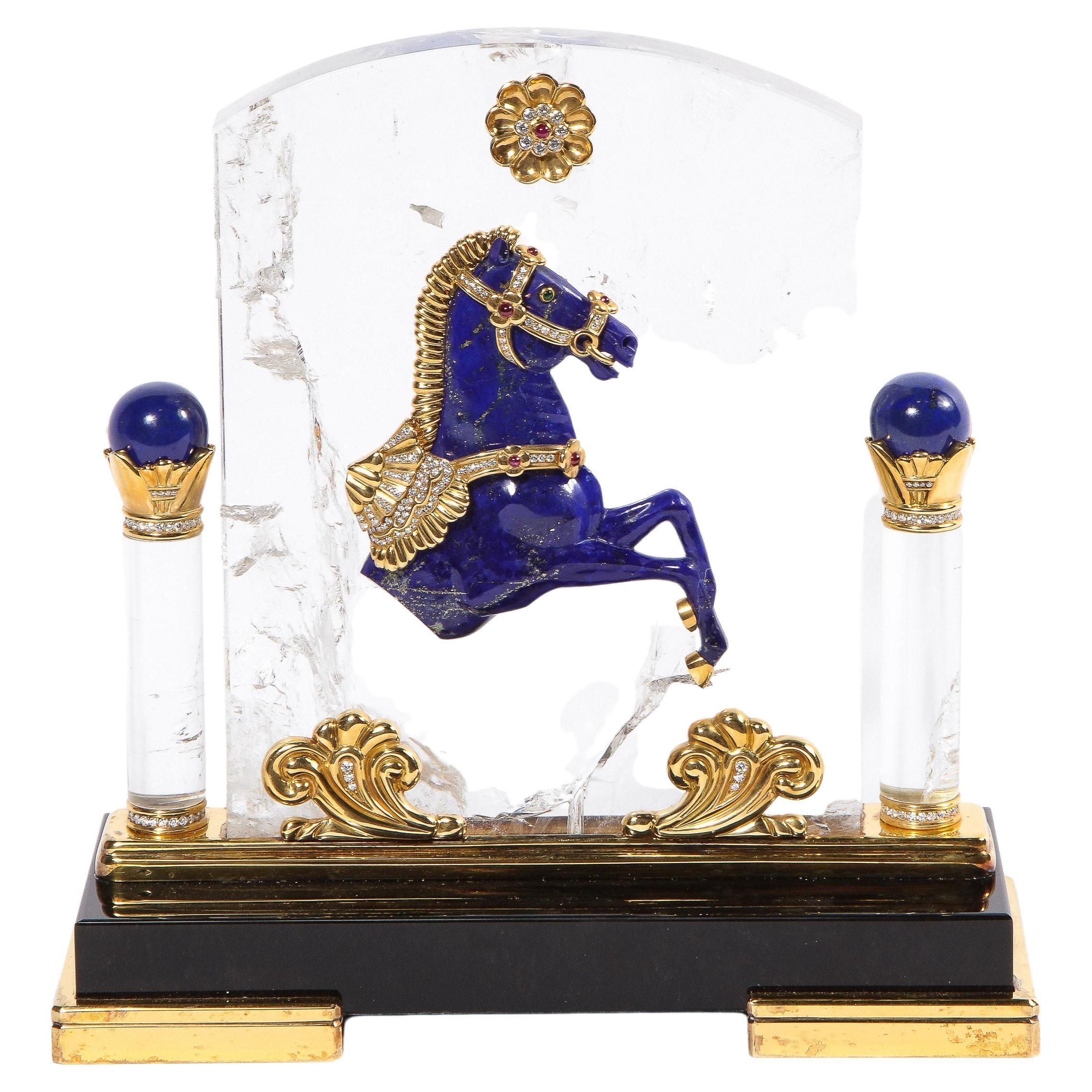 Mellerio Paris, A French Gold, Diamond, Silver-Gilt, Rock-Crystal, Obsidian & Lapis Horse

An extremely rare and unique, one of a kind French gold, diamonds, Silver-gilt rock-crystal, obsidian and lapis lazuli jeweled sculpture 