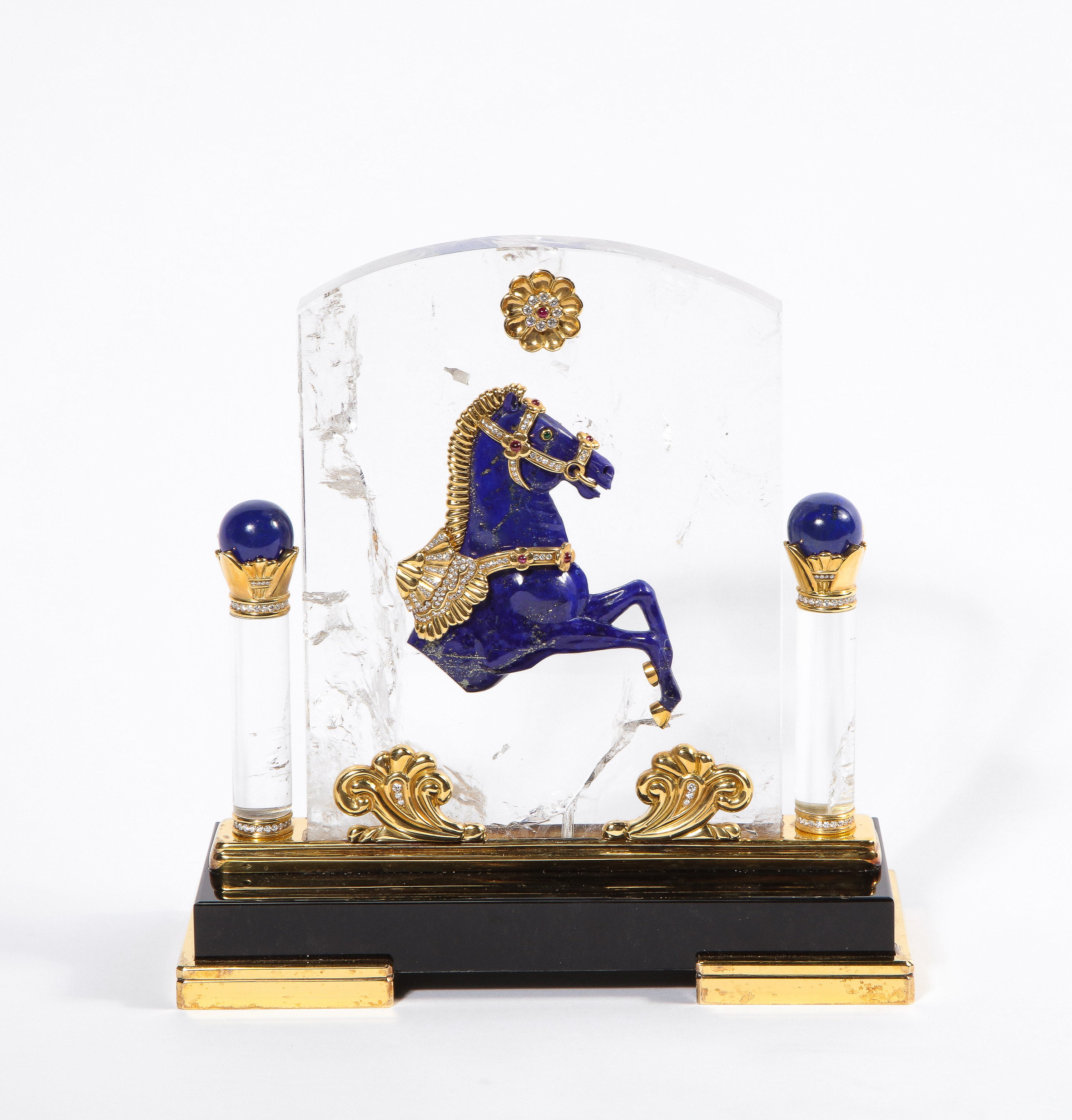 Français Mellerio Paris, cheval français en or, diamant, argent doré, cristal de roche et lapis en vente