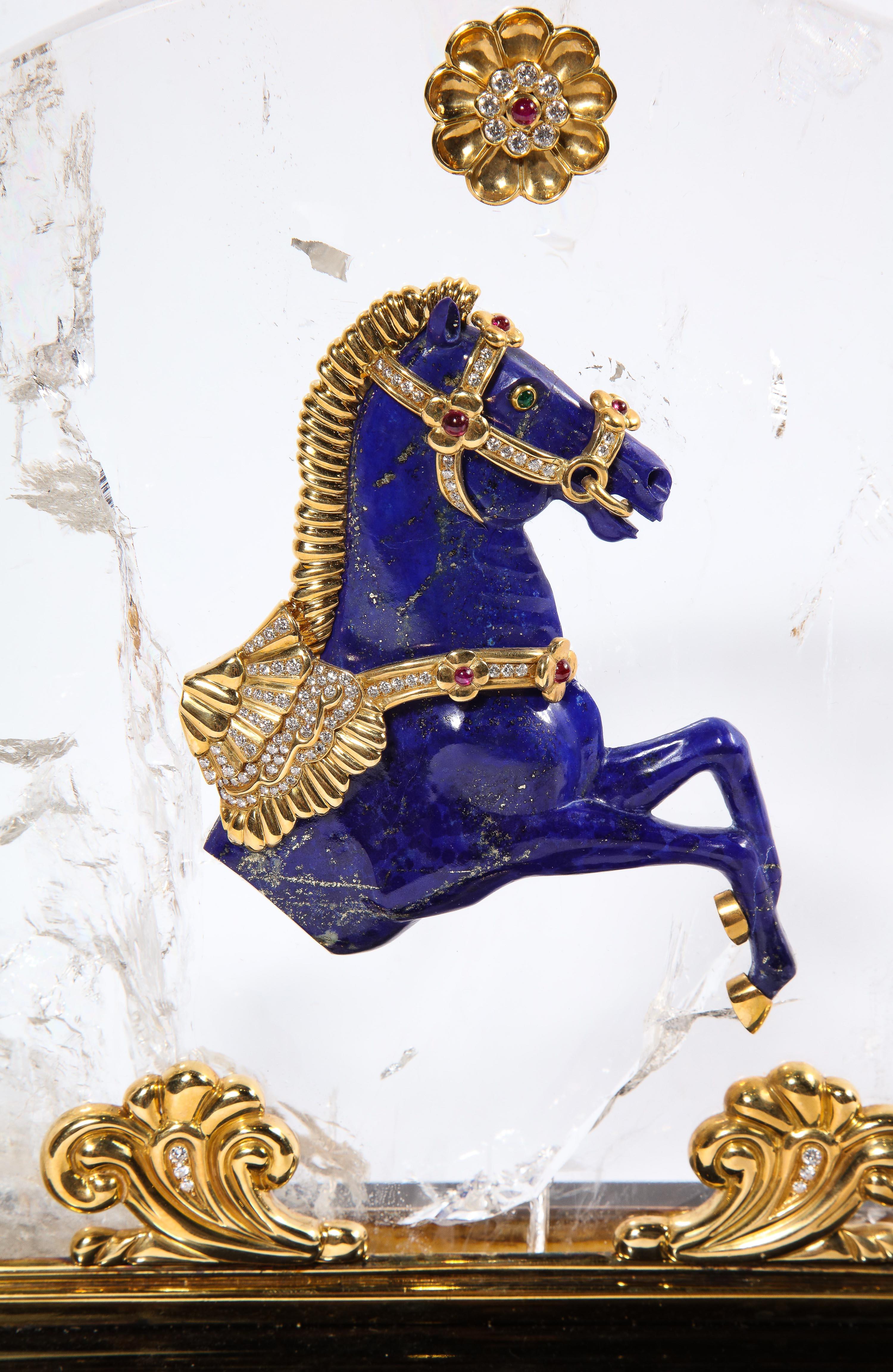 20ième siècle Mellerio Paris, cheval français en or, diamant, argent doré, cristal de roche et lapis en vente