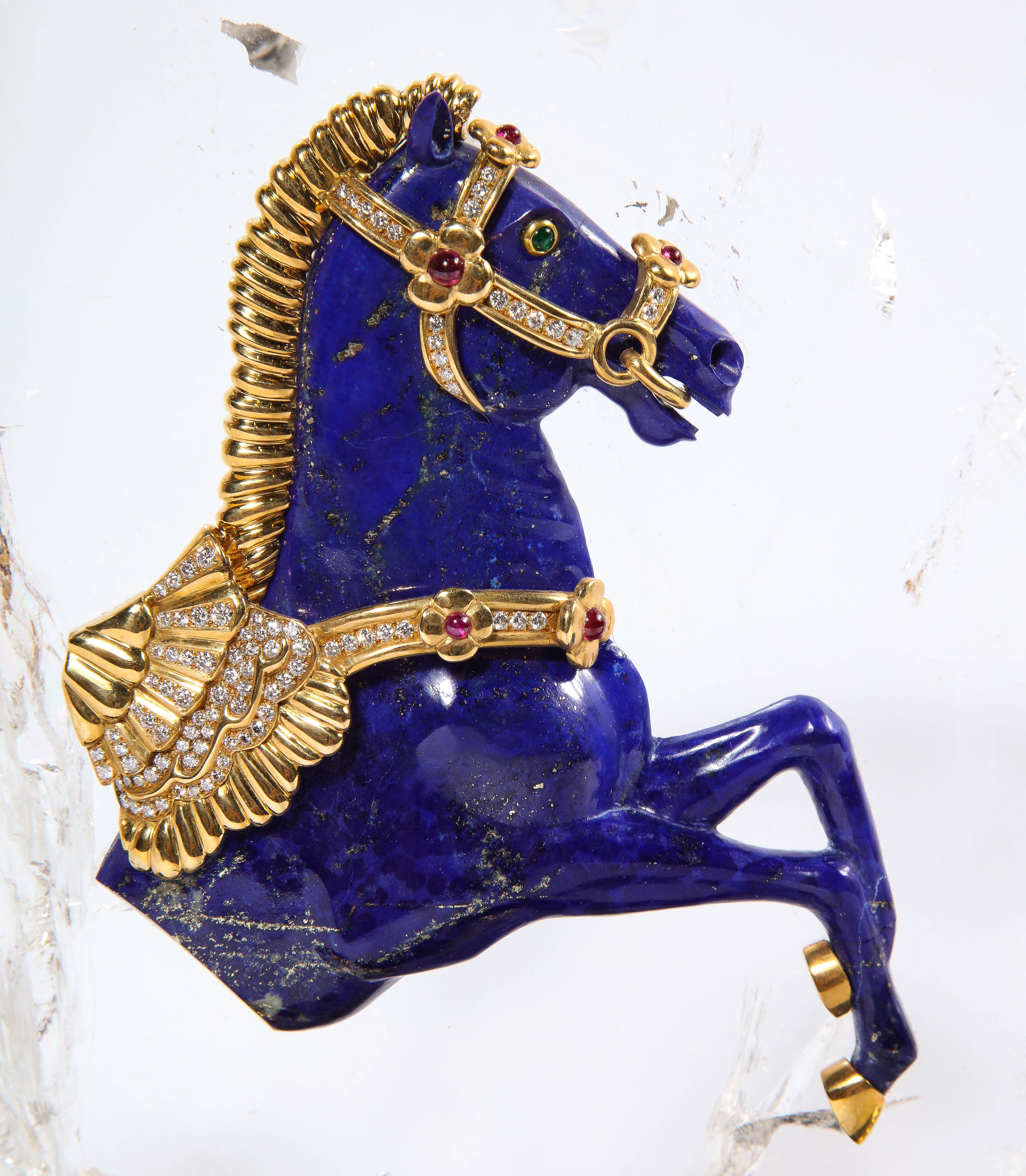 Mellerio Paris, a French Gold, Diamond, Silver-Gilt, Rock-Crystal, & Lapis Horse In Good Condition For Sale In New York, NY