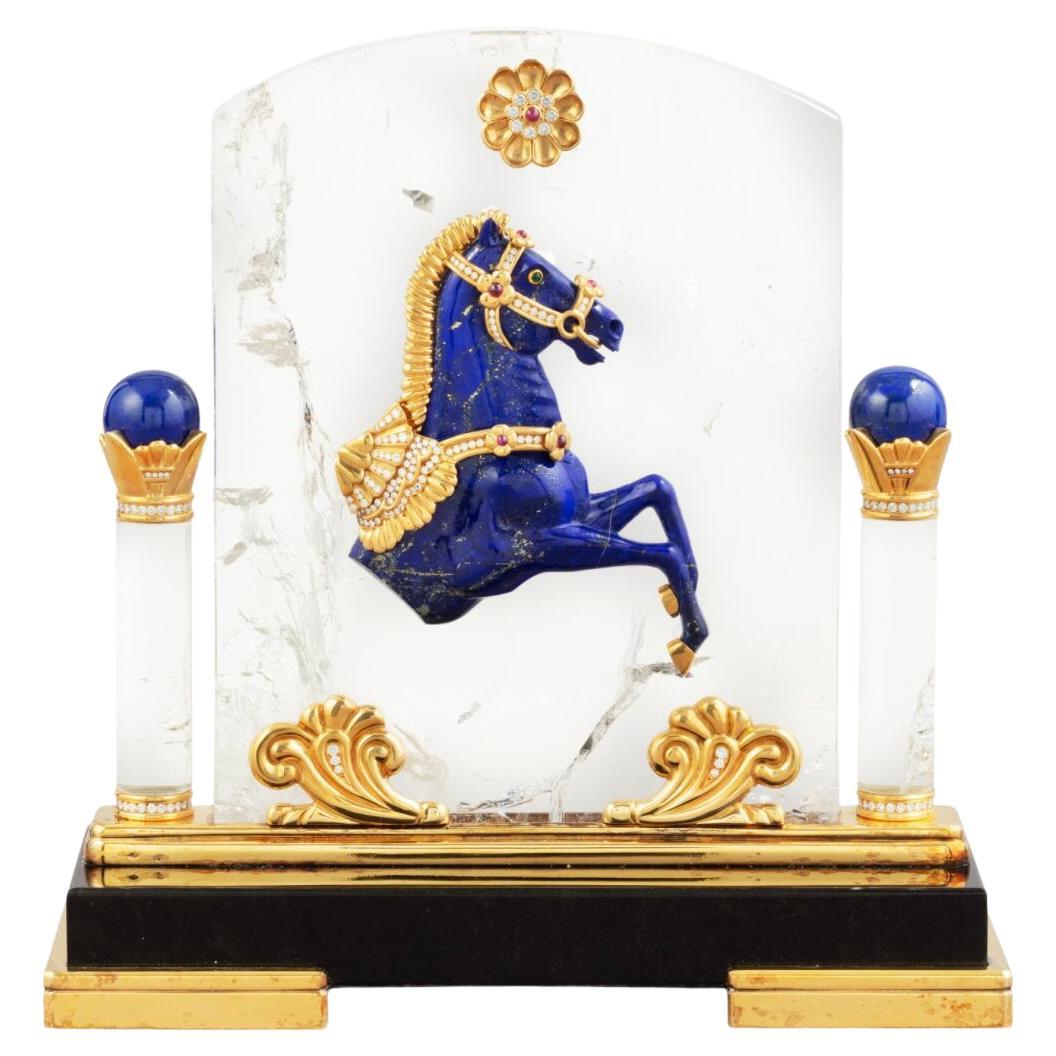 Mellerio Paris, cheval français en or, diamant, argent doré, cristal de roche et lapis