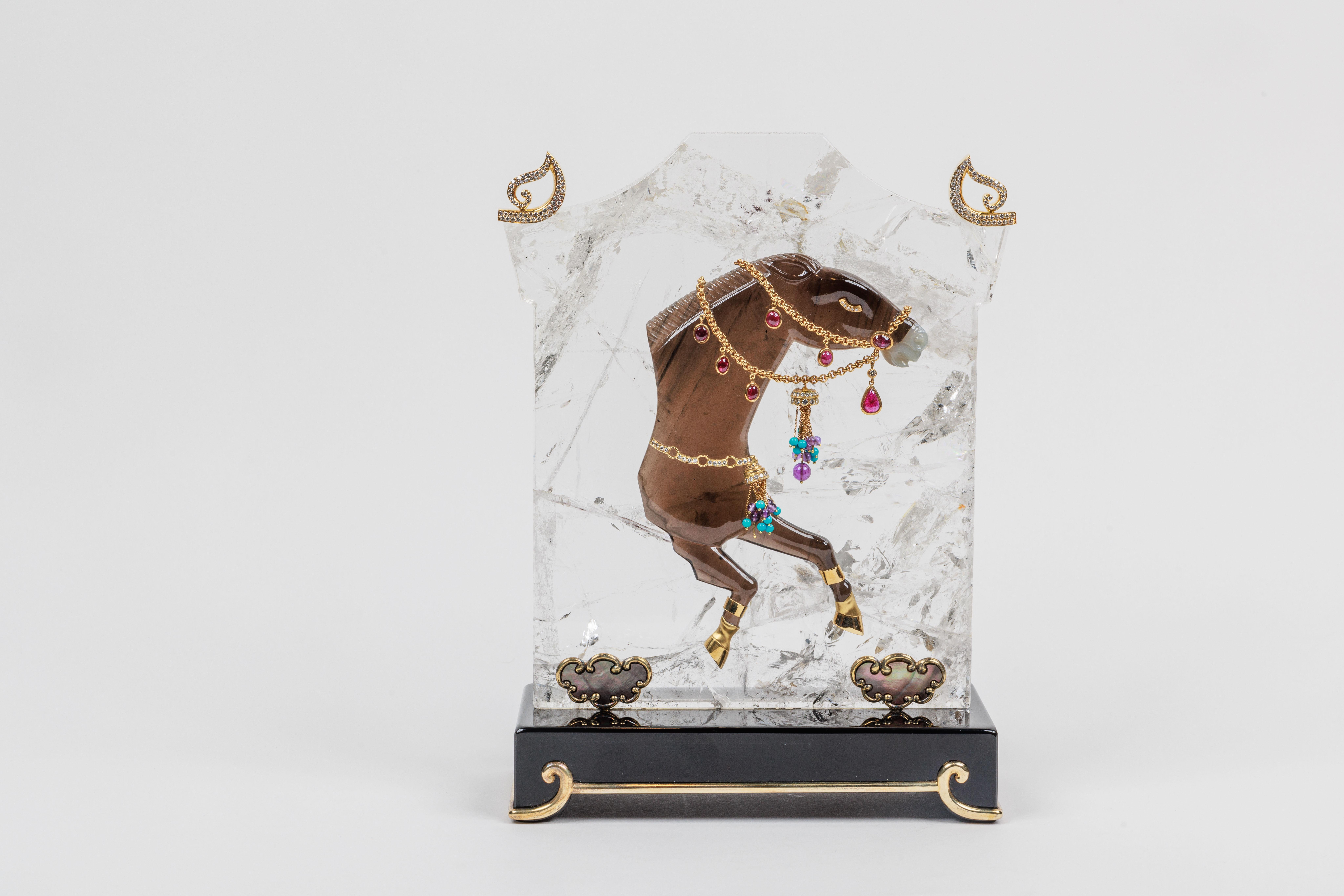 Jade Mellerio Paris, A French Gold, Diamonds, Silver, and Smoky Quartz Carved Horse For Sale