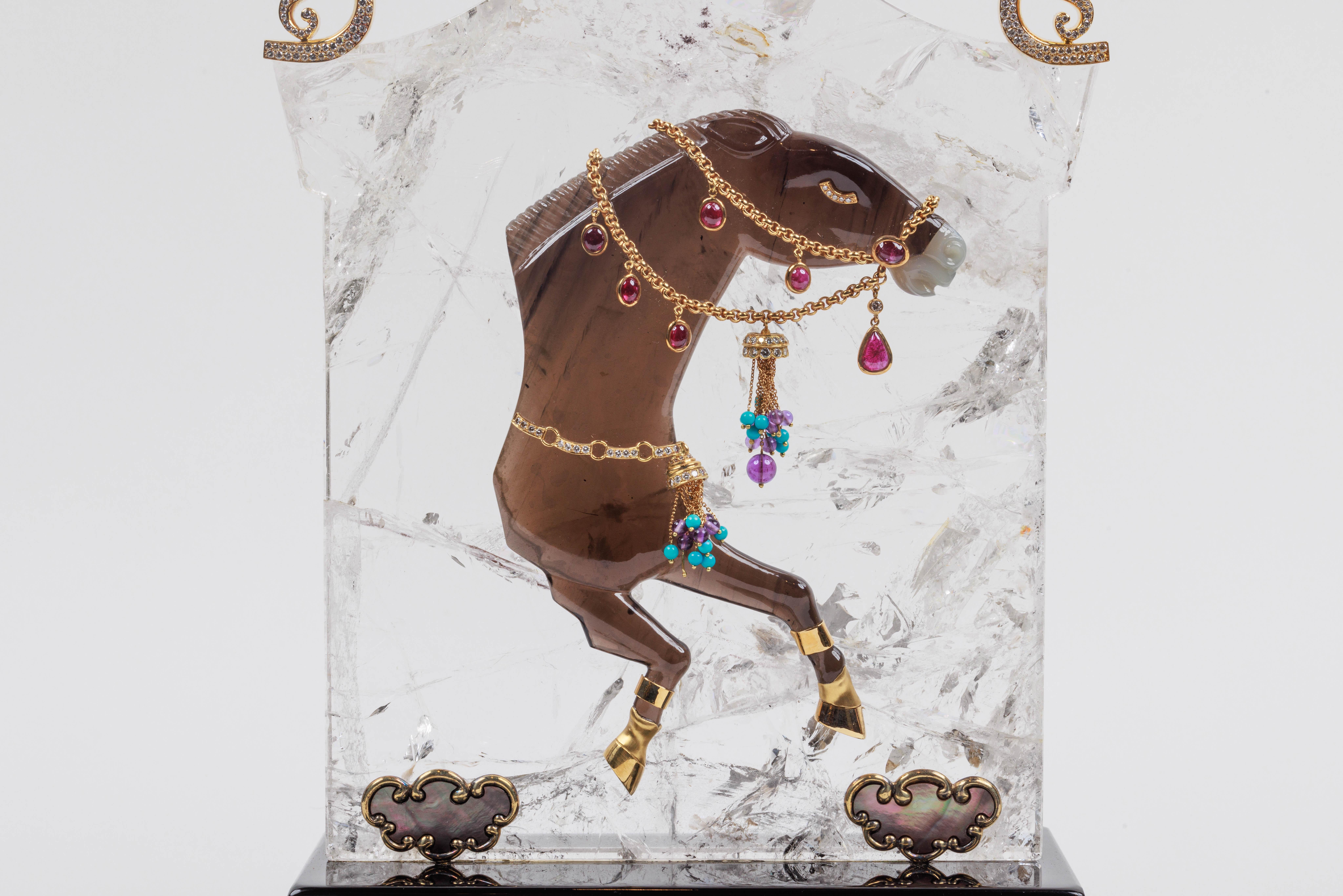 Französisches geschnitztes Pferd aus Gold, Diamanten, Silber und Rauchquarz von Mellerio Paris für Damen oder Herren im Angebot