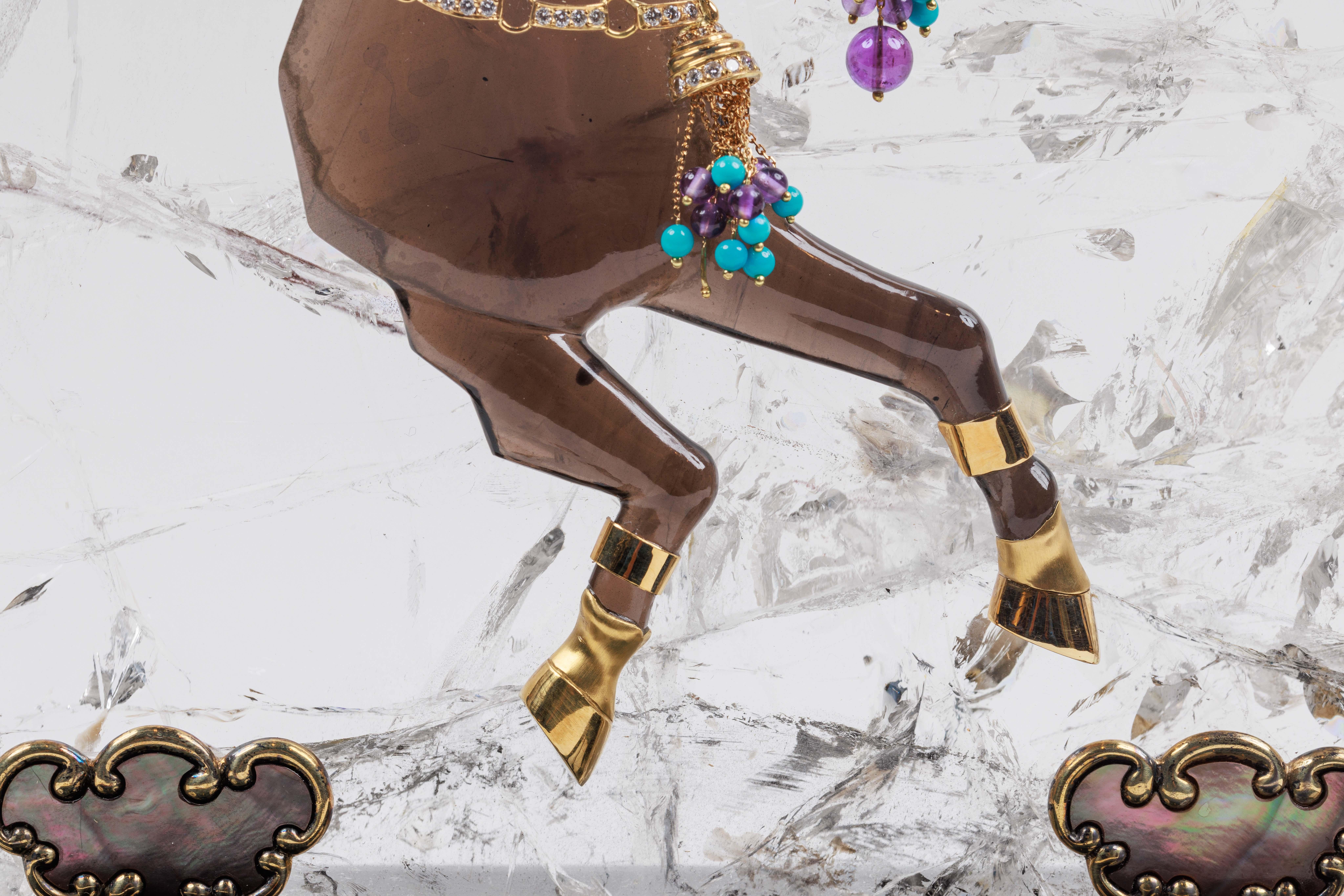 Französisches geschnitztes Pferd aus Gold, Diamanten, Silber und Rauchquarz von Mellerio Paris (Jade) im Angebot