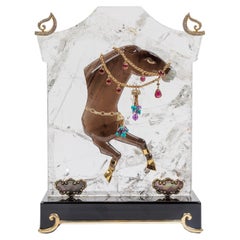 Vintage Mellerio Paris, a French Gold, Diamonds, Silver, and Smoky Quartz Carved Horse