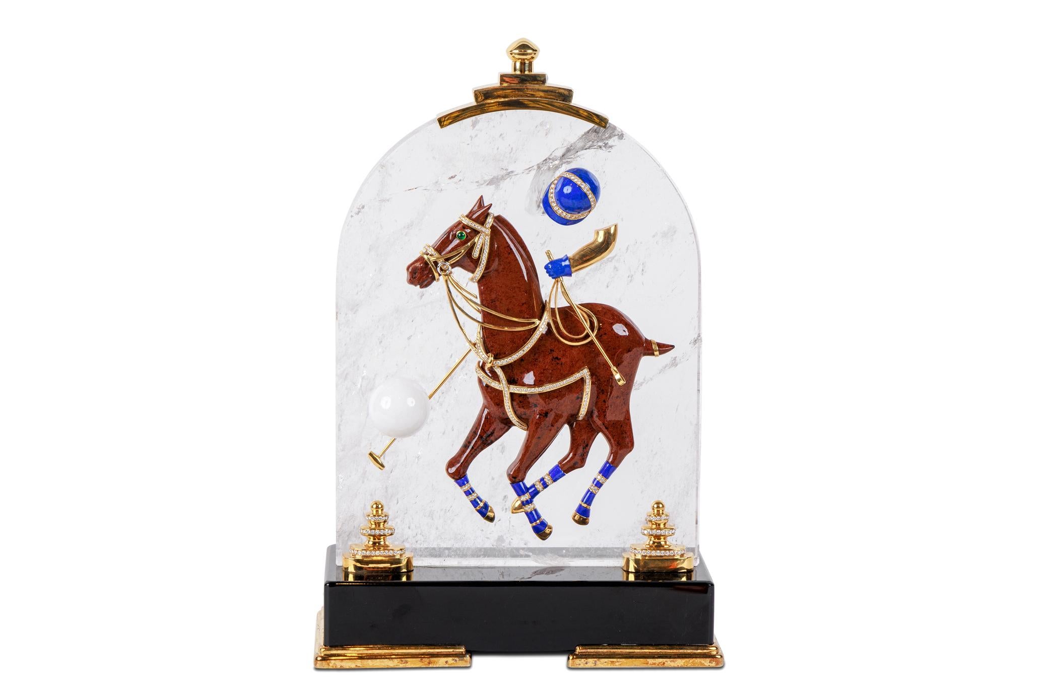 Mellerio Paris, A French Gold, Diamonds, Silver-Gilt, Rock Crystal, Enamel, Emerald, Lapis Lazuli, Agate, Emerald, and Obsidian Polo Player, Carved Horse Sculpture, Jeweled Mounted Object.

An extremely rare and unique, one of a kind French Carved